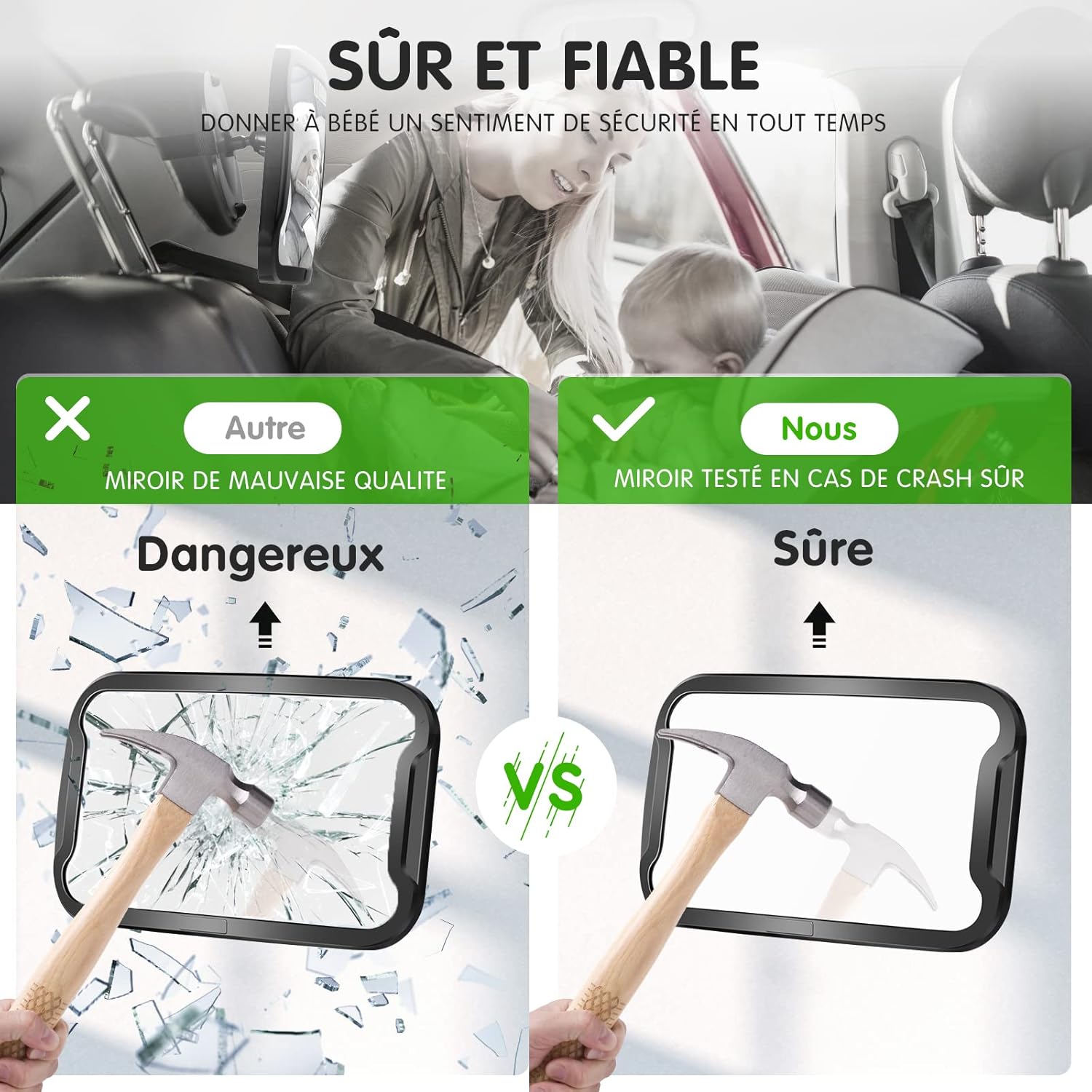 Comparison image showing a shattered glass mirror on the left and an intact Vinabo baby car mirror being hit by a hammer on the right, demonstrating its shatterproof quality.