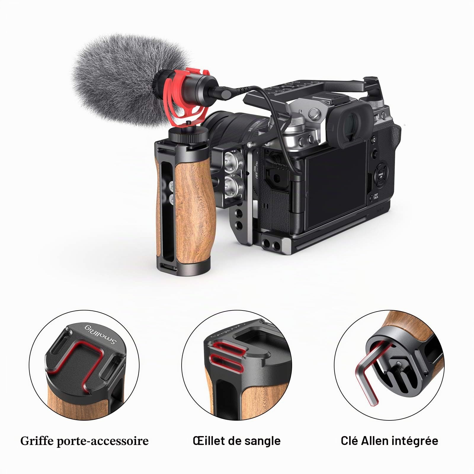 SMALLRIG Mini Poignée Latérale en Bois (Vis 1/4"-20) pour Cage de Caméra - 2913