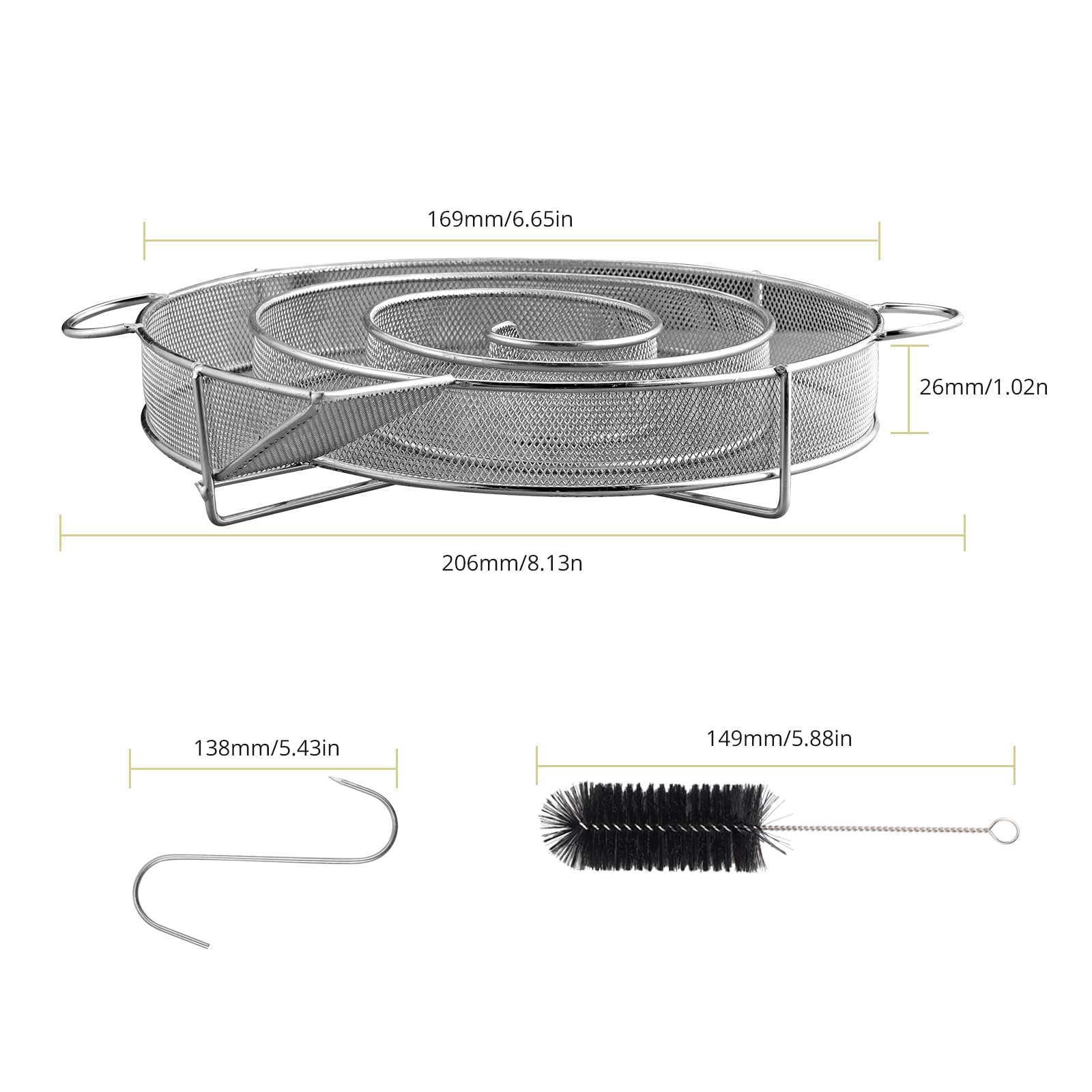 Anbte 8.13” Cold Smoke Generator, Stainless Steel Round Smoke Generator for Cold Smoking in the Smoker with Brush and Hook, Suitable for Cold Smoking Smoker Grill Smoker Smoking Spiral Smoke Generator