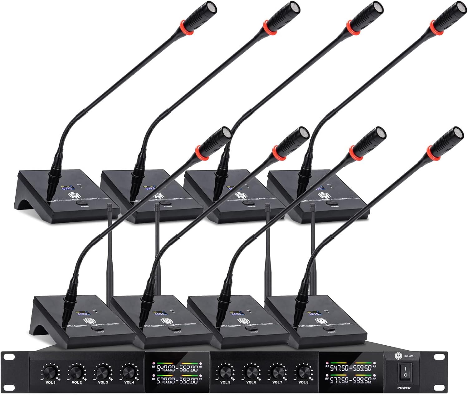 W IN-MIX Wireless Conference Microphone System, 8 Channel Wireless Podium Microphone,8 Gooseneck Mics Adjustable Frequency Super-Low Background Noise for Lecture, Church, Conference, Public Speaking