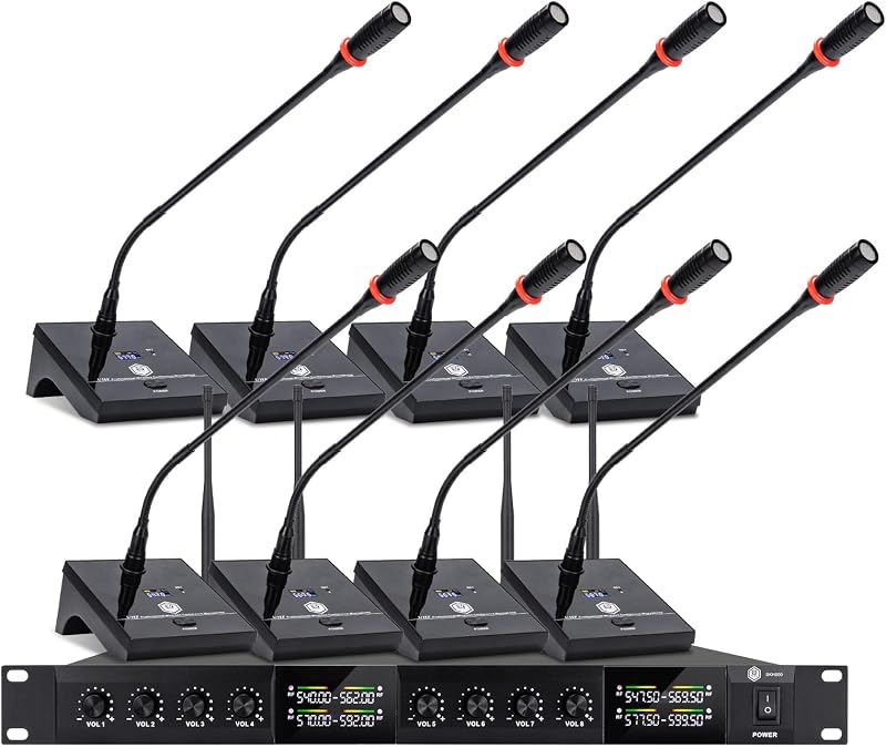 W IN-MIX Wireless Conference Microphone System, 8 Channel Wireless Podium Microphone,8 Gooseneck Mics Adjustable Frequency Super-Low Background Noise for Lecture, Church, Conference, Public Speaking