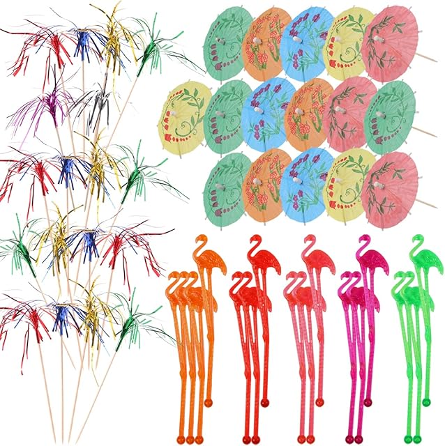 Cocktail Sticks 50Pcs Cocktail Accessories Drink Decorations with Reusable Flamingo Stirring Cocktail Umbrellas and Sparklers for Hawaiian Tropical Party Birthday Bars Music Festival