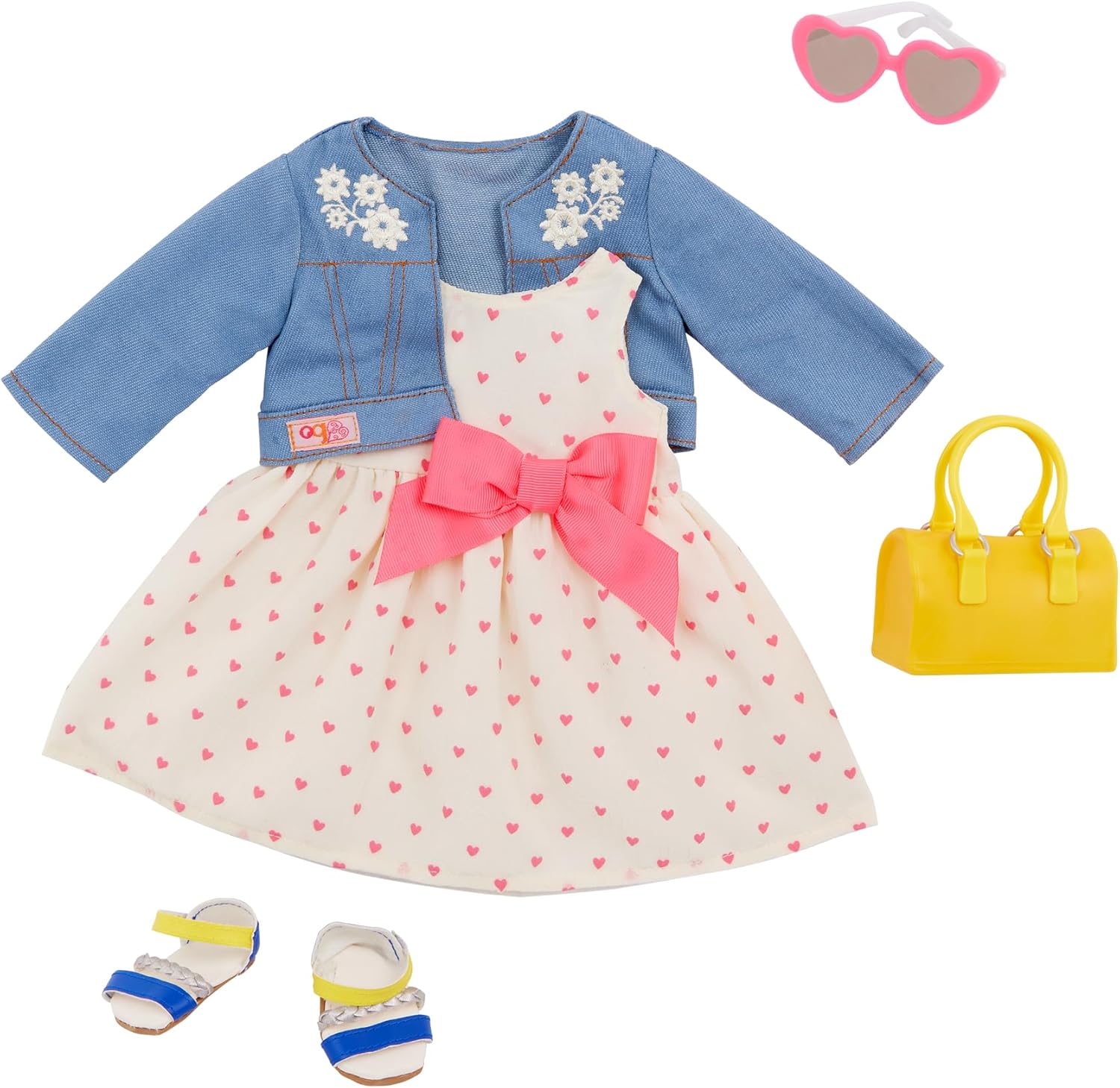 Our Generation - Bright As The Sun - 18-Inch Doll Clothes - Heart-Themed Dress & Denim Jacket - Fashion Outfit - Pretend Play - Toy for Kids 3 Years +