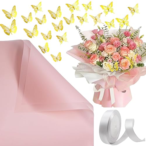 Potanro Papel de regalo de flores, impermeable, papel de regalo de ramo con cinta, papel de regalo de ramo rosa, 20 unidades, papel de regalo