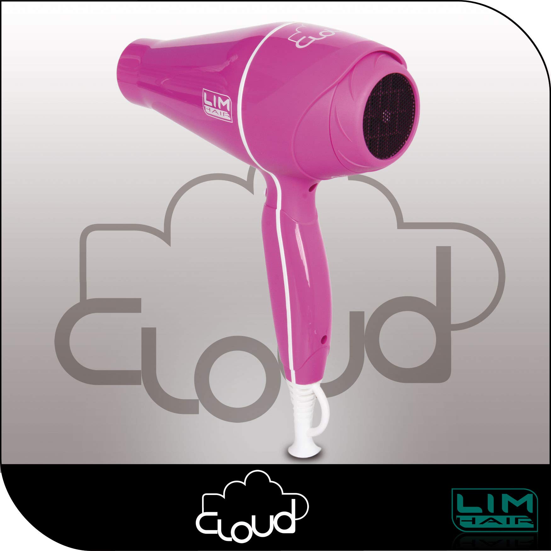Secador de cabello LIM HAIR CLOUD especialmente LIGERO para uso PROFESIONAL, de alta potencia 2200 W. IONIC TOURMALINE. Con 2 boquillas y 6 opciones de uso (FUCSIA)