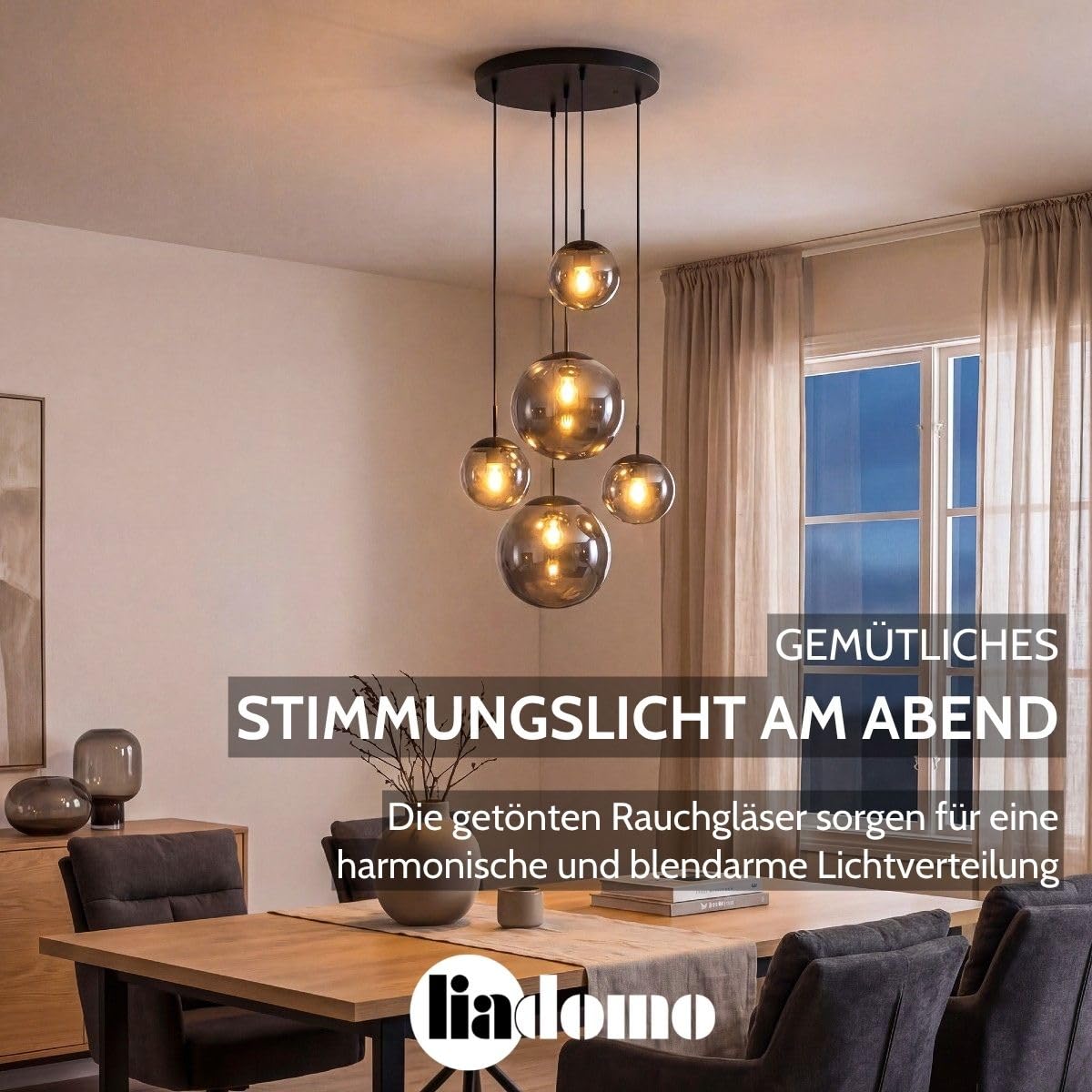 Pendelleuchte Vetro, Glas Hängelampe 5-flammig, rund, Schwarz | Modern, bis 320 cm höhenverstellbar, Esszimmer, Wohnzimmer, Treppenhaus, Ø 38 cm, Rauchglas, Cluster, Leuchtmittel inklusive