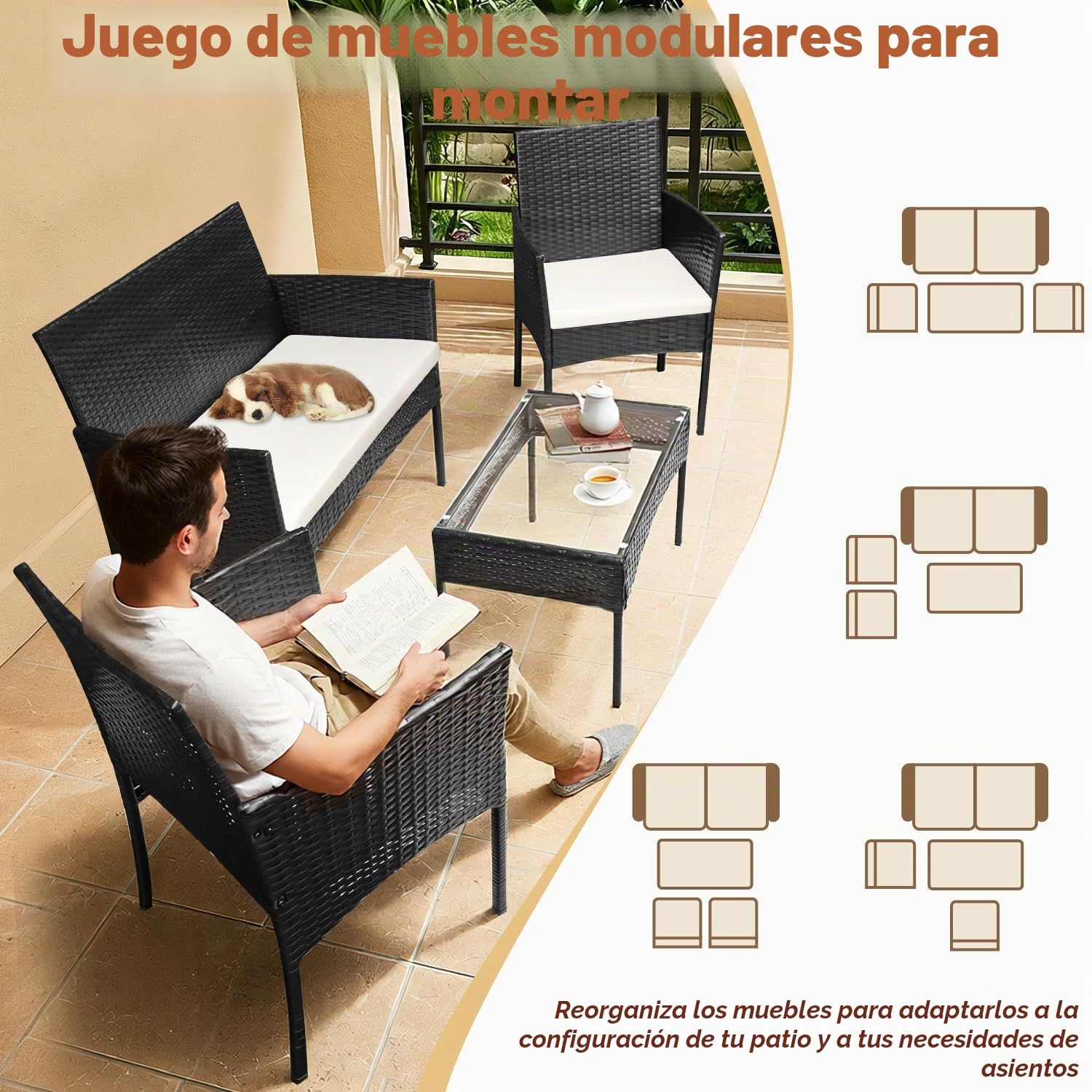 Juego de muebles de jardín de polirratán, muebles de balcón, 7 piezas, incluye sofá, sillas individuales, mesa y cojines de asiento, muebles de terraza para balcón, jardín (negro)