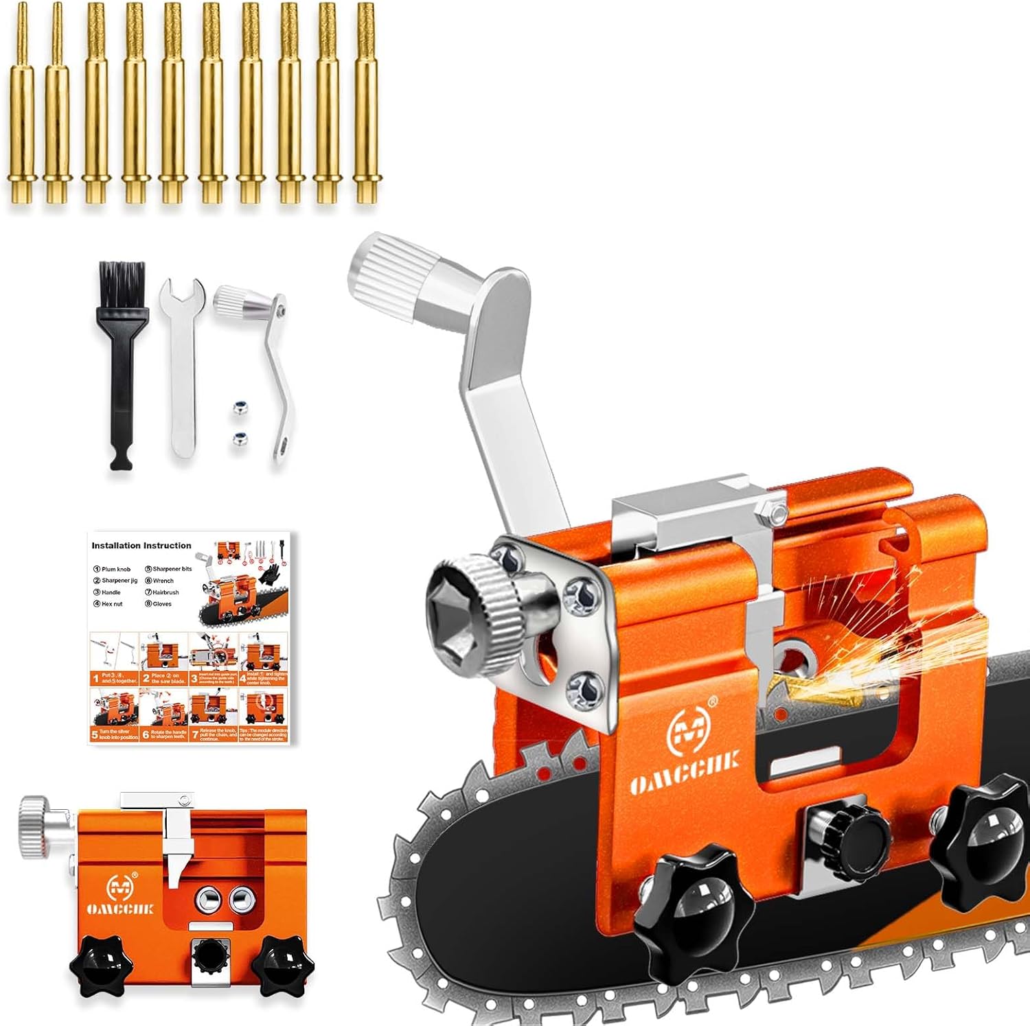 Chainsaw Sharpener with 10 High Hardness Titanium Plated Diamond Bits, Portable Universal Chain Saw Blade Sharpening Jig Kit Tool, Hand Crank Chainsaw Accessories for 4-22" Saw Chain