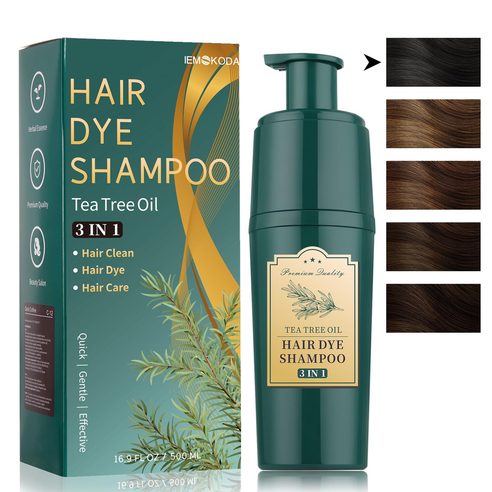 Magic Hair Dye for Men & Women - 100% Grey Coverage Lasting 4 Weeks, 3-in-1 Tea Tree Black Herbal Color Shampoo for Gray Hair, Champu Con Tinte Para Canas, 500ML