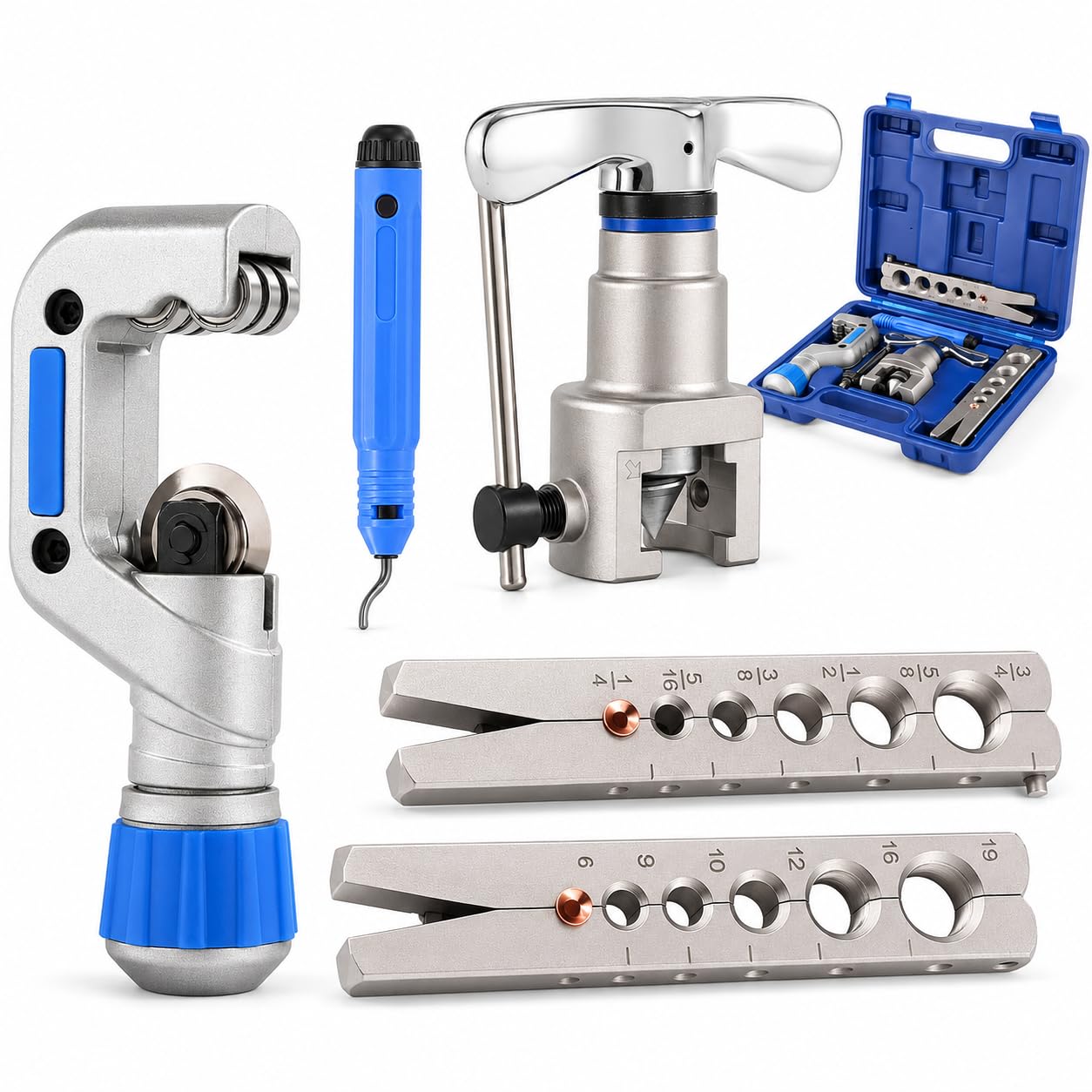 KATSU Tools Metric & Imperial Flaring Tool Kit 45° Eccentric Cone – Tube Cutter & Deburring Tool Set 6–19mm / 1/4"–3/4" – Brake Pipe & Copper Tube Flaring Kit, Model 371217