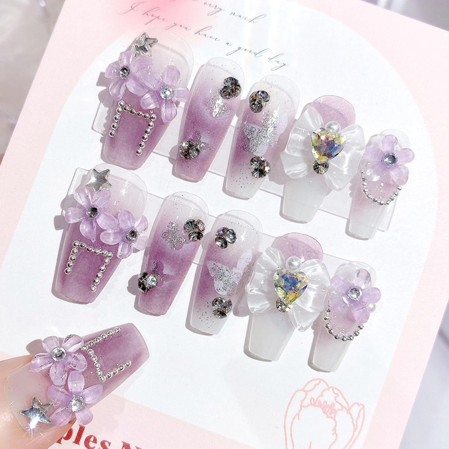 Ombre Press on Nails Medium Coffin - Glitter & Rhinestones