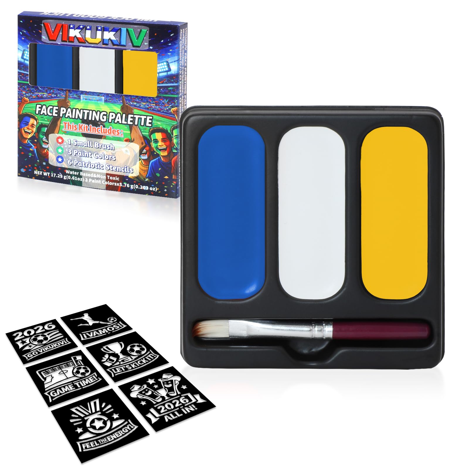 3-Color Blue White Yellow Face Body Paint Set, Face Painting Kit Split Palette for World Cup July 4th Halloween Cosplay SFX Special Effect Makeup with Stencils & Brush for Adults Kids