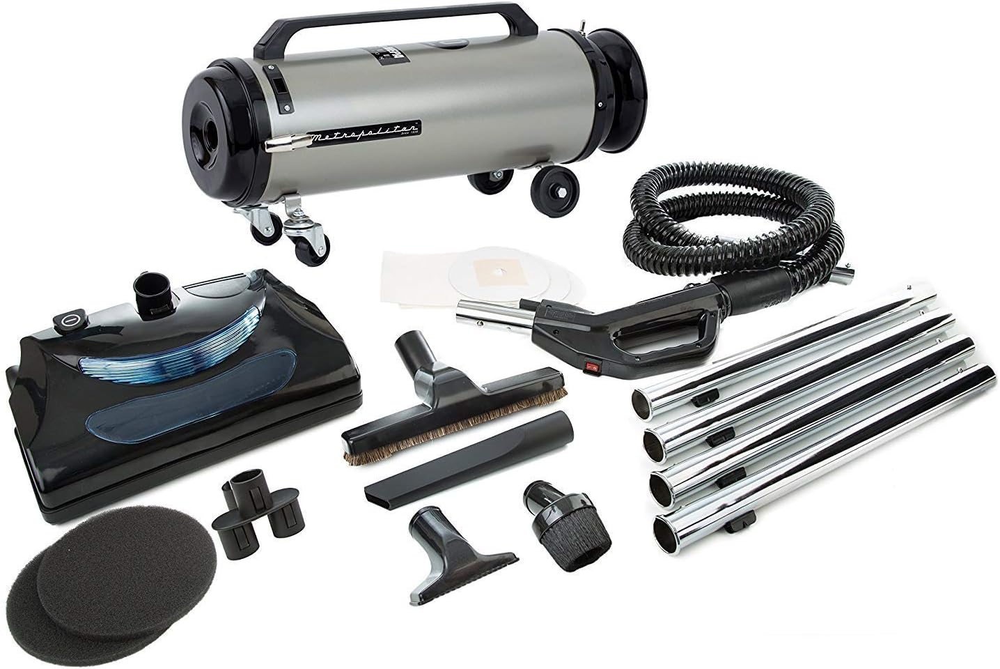 Professional Evolution with Electric Power Nozzle 2-Speed Full-Size Canister Vacuum ADM4PNHSNBF Construction: All Steel construction; Satin Nickel / Black Finish Motor: 4.0 Peak HP Twin Fan Motor