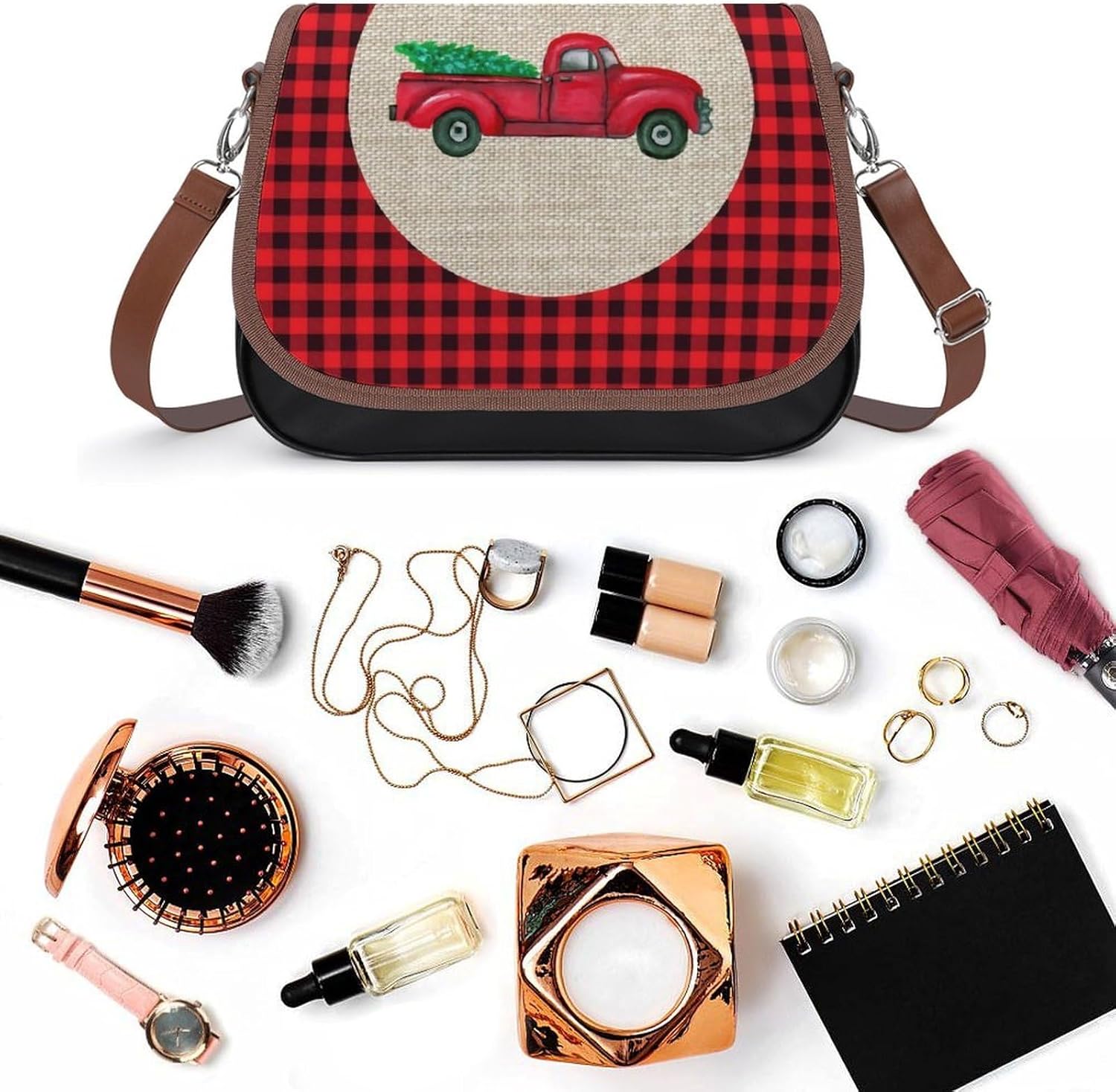 Vintage Red Truck ChristmasWomen's Faux Leather Crossbody Bag, Waterproof Wrinkle-Resistant Shoulder Bag with Detachable Strap, Large Capacity Casual Handbag, Fashion Daily Purse for Shopping Work Dat