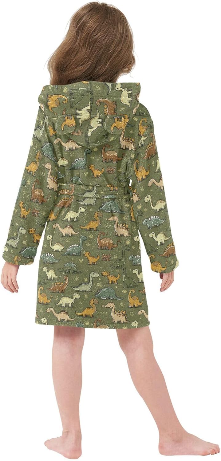 Cute Cartoon Dinosaurs Bathrobe Hooded PJ Robe Soft Fleece Robe Sleepwear 2-12 Years