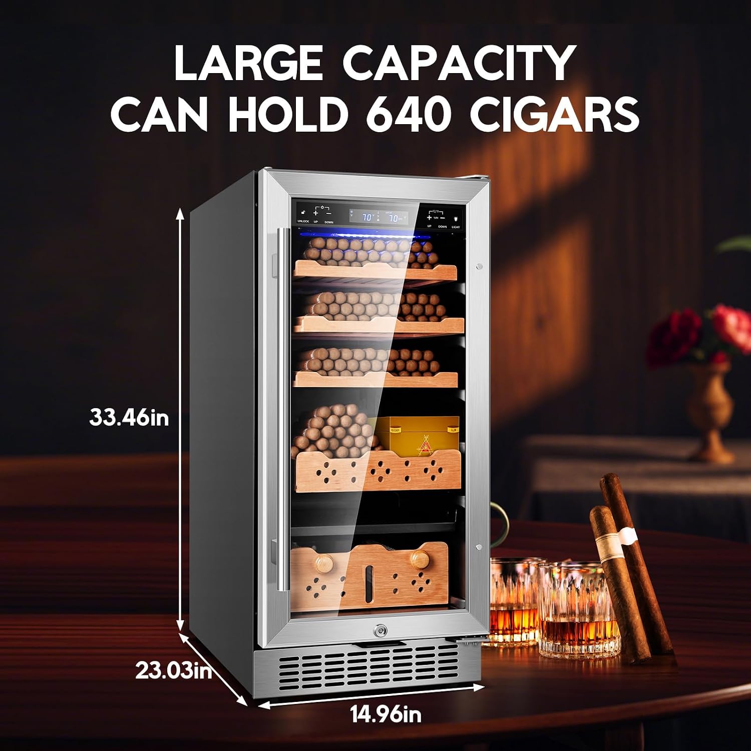Tylza 88L Ciagr Humidor Cabinet, Humidity & Temp Control Electric Humidors for Cigars, 640 Counts, Silent Compressor, Reversible Door, Cigar Humidors with Spanish Cedar Drawer Shelves, Gifts for Men