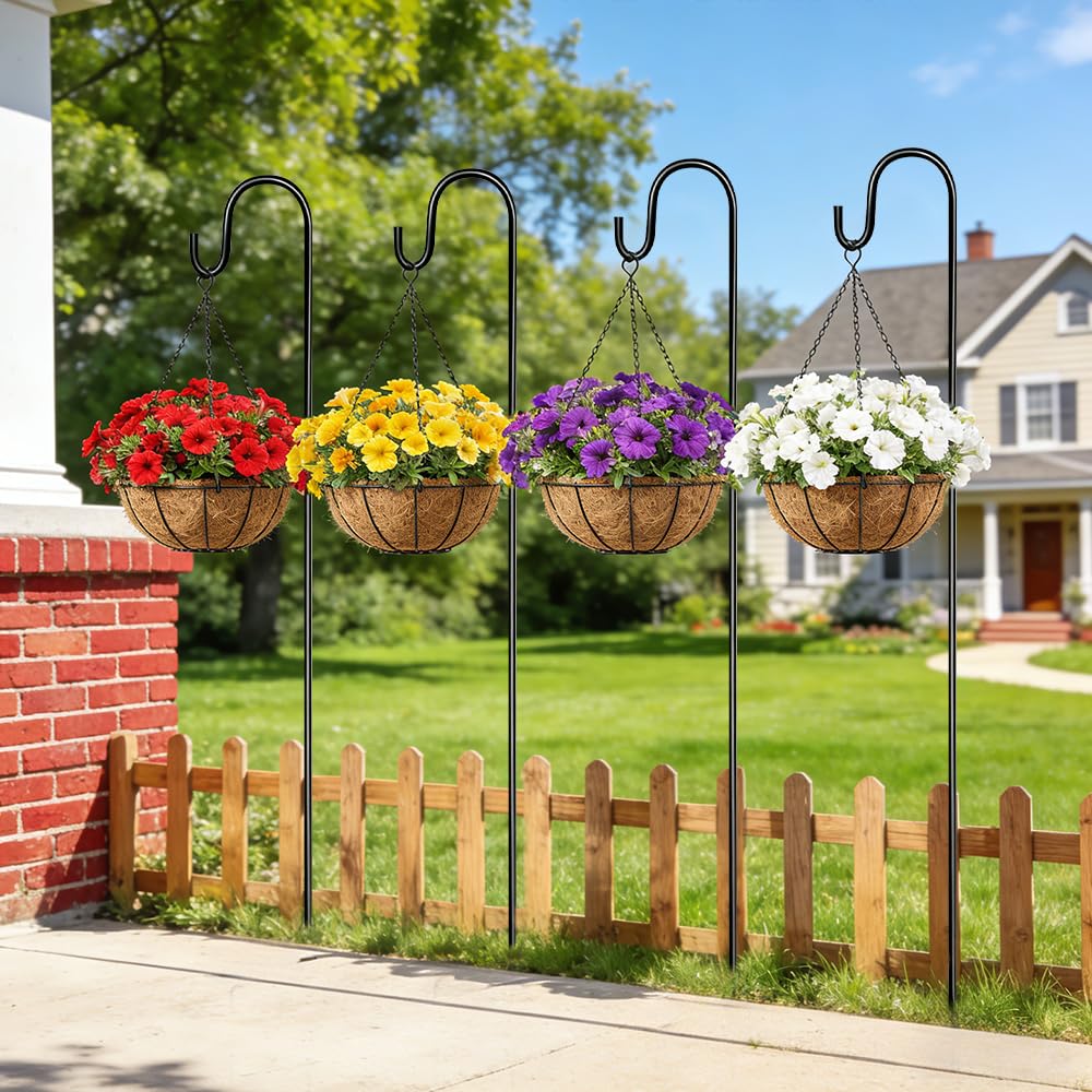 4 Pezzi Gancio da Pastore per Esterni 100cm, Asta da Giardino Regolabile In Metallo Utilizzata con Quattro Ganci per Esterni Giardino Uccelli Luci Solari Cestini Lanterne Decorazione