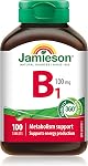 Jamieson Vitamine B1 100 mg, Thiamine, Essentielle pour le Métabolisme Énergétique, et Aide à Prévenir la Carence en Vitamine B1. Un par jour, Végétarien, Sans gluten, 100 Comprimés, Fièrement canadien