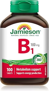 Jamieson Vitamin B1 100mg, Thiamine, Essential for Energy Metabolism, and Helps Prevent Vitamin B1 Deficiency. One per day, Vegetarian, Gluten free, 100 Tablets, Proudly Canadian