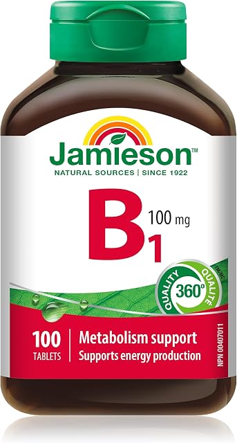 Jamieson Vitamin B1 100mg, Thiamine, Essential for Energy Metabolism, and Helps Prevent Vitamin B1 Deficiency. One per day, Vegetarian, Gluten free, 100 Tablets, Proudly Canadian