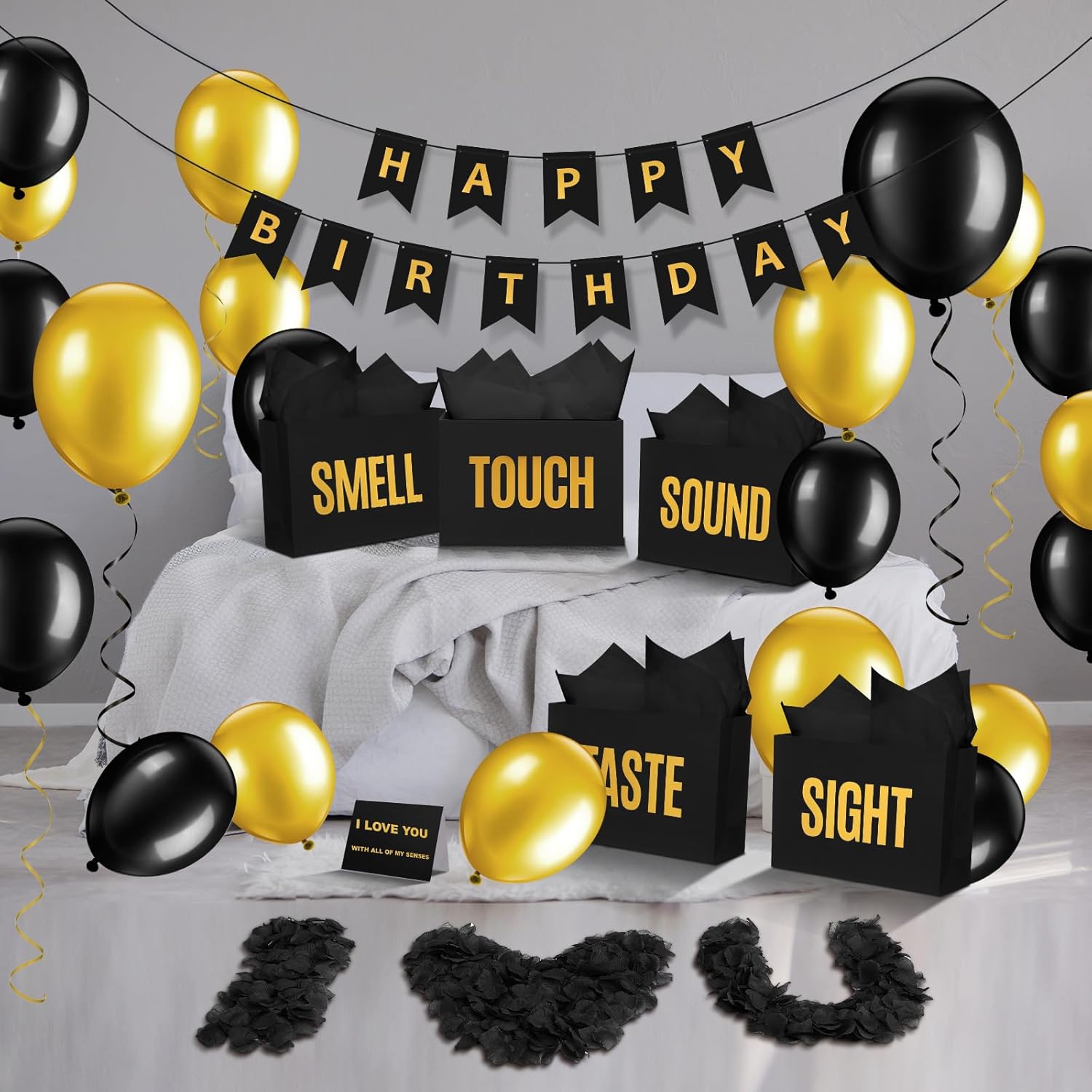 Soulchen 5 Senses Gift Bags for Him Her with Labels, Five Senses Gift Birthday Party Decoration Tissue Paper Handles, Comes with Rose Petals Banner Balloons for Party(Birthday,Black Gold)