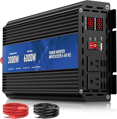 Miniatura 8 de Inversor de potencia de 3000 W, 12 V CC a CA 110 V120 V de potencia máxima 6000 W con 2 salidas AC y puerto 2.4USB, pantalla LCD, inversor de