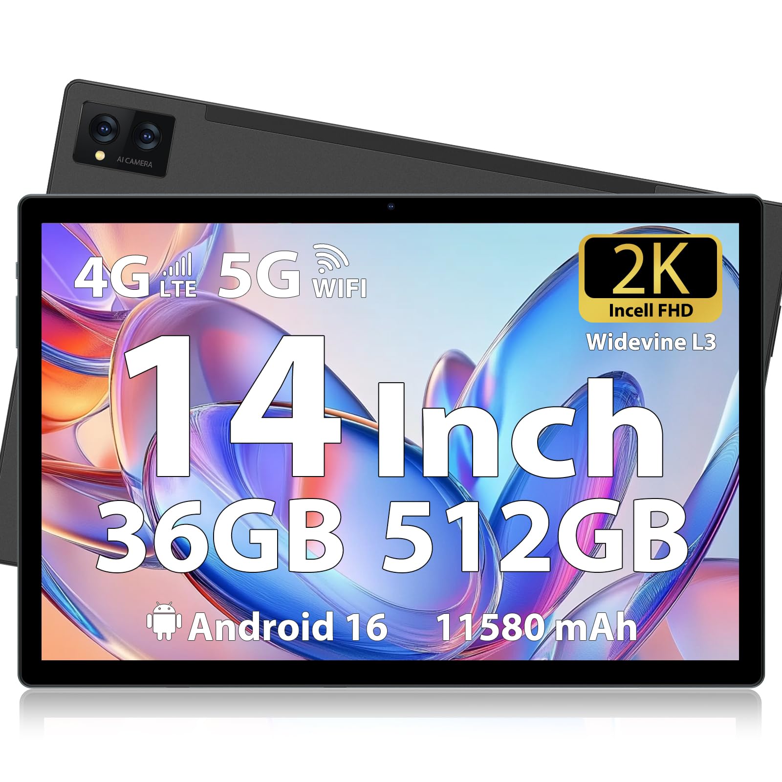 LEVIRTU Tablet 14 Pollici Android 15 Tableta, 36 GB RAM 512 GB ROM, Octa-Core 2.0GHz, Display FHD 1920x1200, Batteria 11580 mAh, 4G LTE 5G WiFi, 4 Altoparlanti, con Custodia e Penna Stylus-Nero