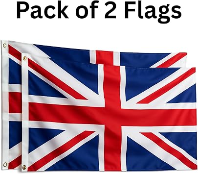 Union Jack Flags Britain UK Flag (PACK OF 2) 5ft x 3ft with Brass Eyelets British UK National Flag for Indoor & Outdoor Use, Parties Festivals Coronation Street Decorations Royal Celebrations