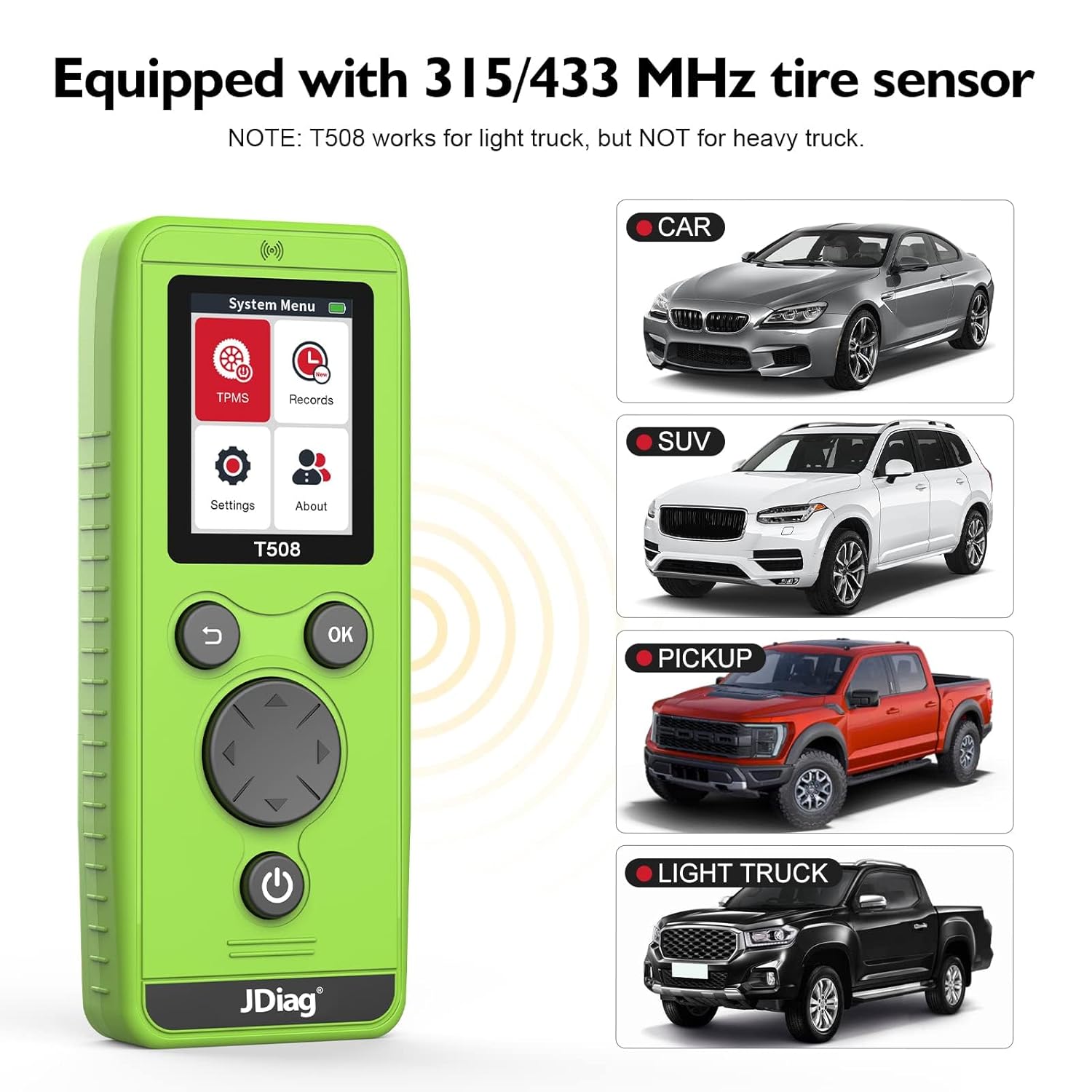 JDIAG T508 compatibility with various vehicle types: Car, SUV, Pickup, Light Truck