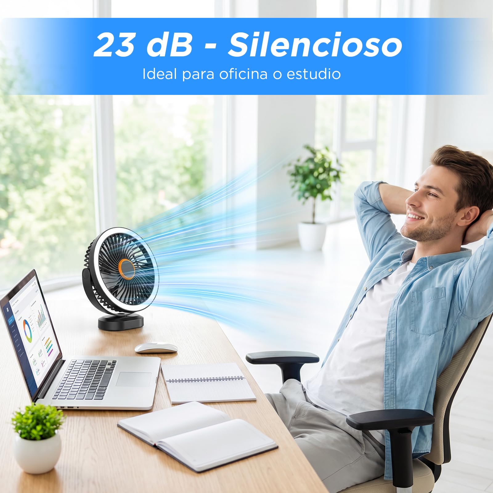 Lepwings Ventilador de Mesa, USB Recargable de 4400 mAh, 3 Velocidades, Ventilador Portátil de 8 Pulgadas con Luz LED y Gancho Colgante, Autonomía de 4-12H, para Oficina, Dormitorio, Camping