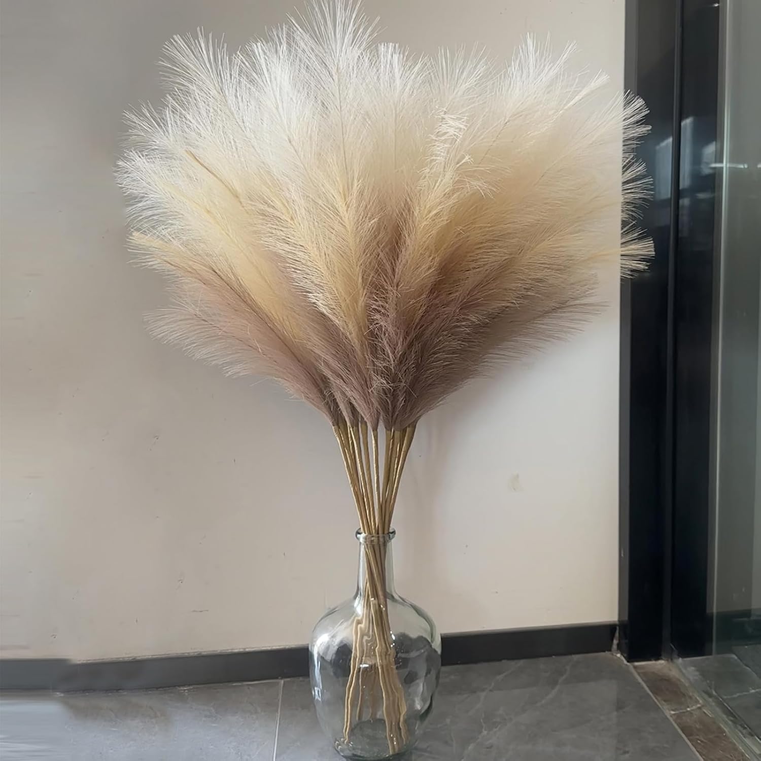 38" 10 Stems Faux Pampas Grass Decor - Tall Pampas Grass for Floor Vase, Boho Home Wedding Mothers Day Decoration (Beige Mixed)