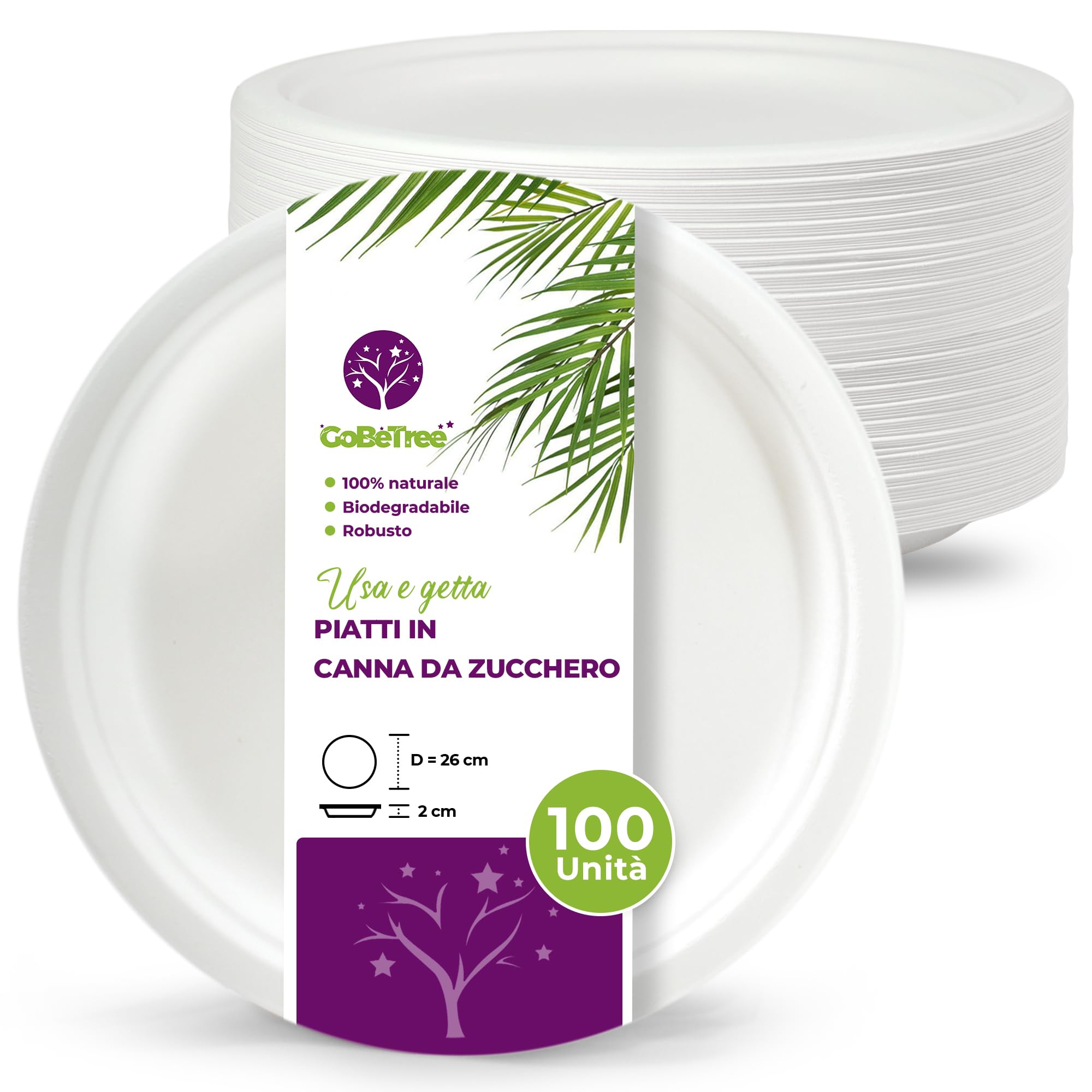 GoBeTree 100 Piatti Monouso Rotondi in Canna da Zucchero da 26 cm Bianchi. Piatti di Carta Usa e Getta Extra Resistenti, per Campeggio, Picnic, Feste, Barbecue, Compleanni.
