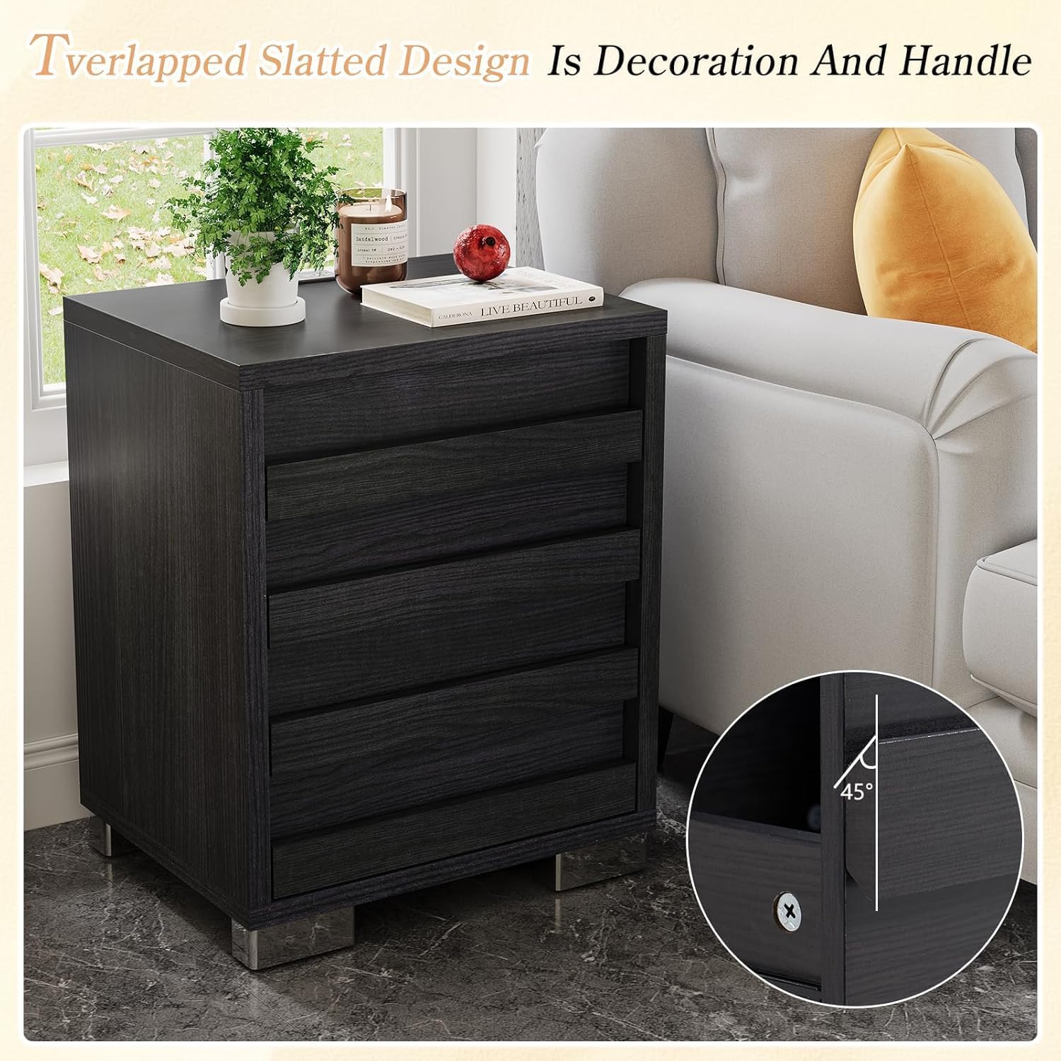 LUXOAK 3 Pcs Bedroom Furniture Sets - Includes Farmhouse Queen Size Bed Frame with 49" Tall Headboard and Nightstand Sets of 2 with Charging Station, Slated Handles & Stainless Steel Feet, Black