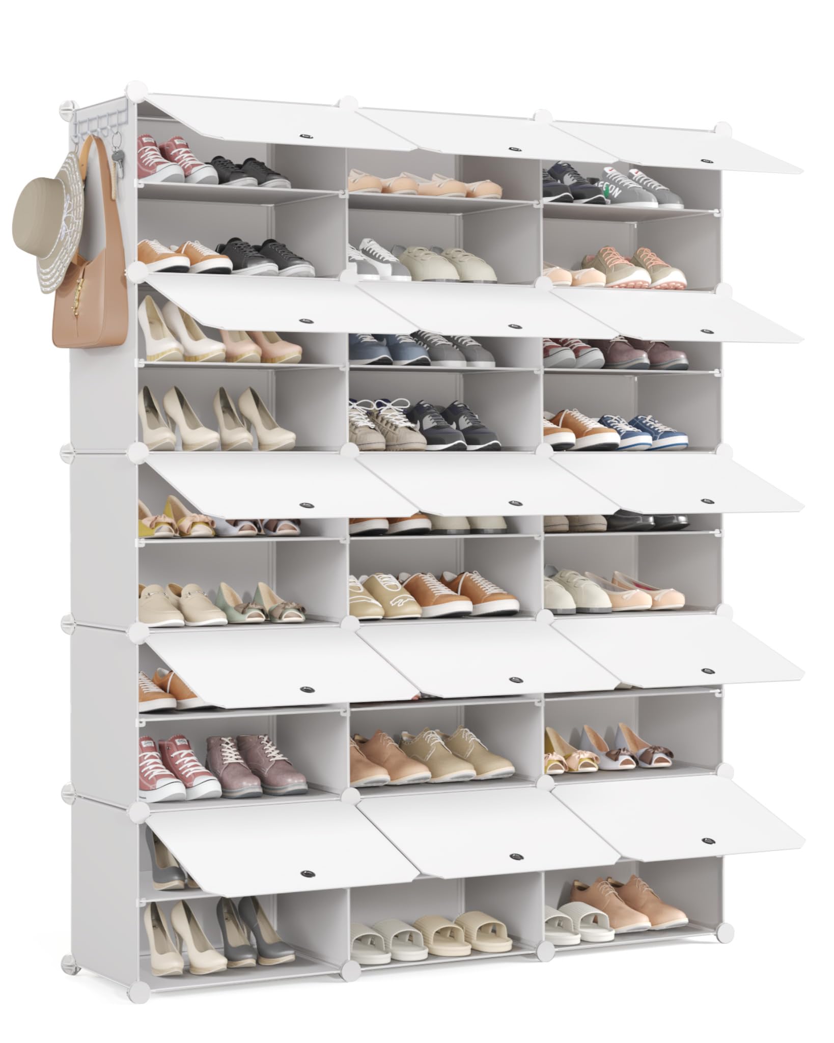 Mondeer Shoe Storage Cabinet, 3 x 10 Tier Modular Plastic Shoe Rack for 60 Pairs Shoes, Cube Shoe Organizer with Removable Shelf and Hooks, for Hallway Entryway Closet, White