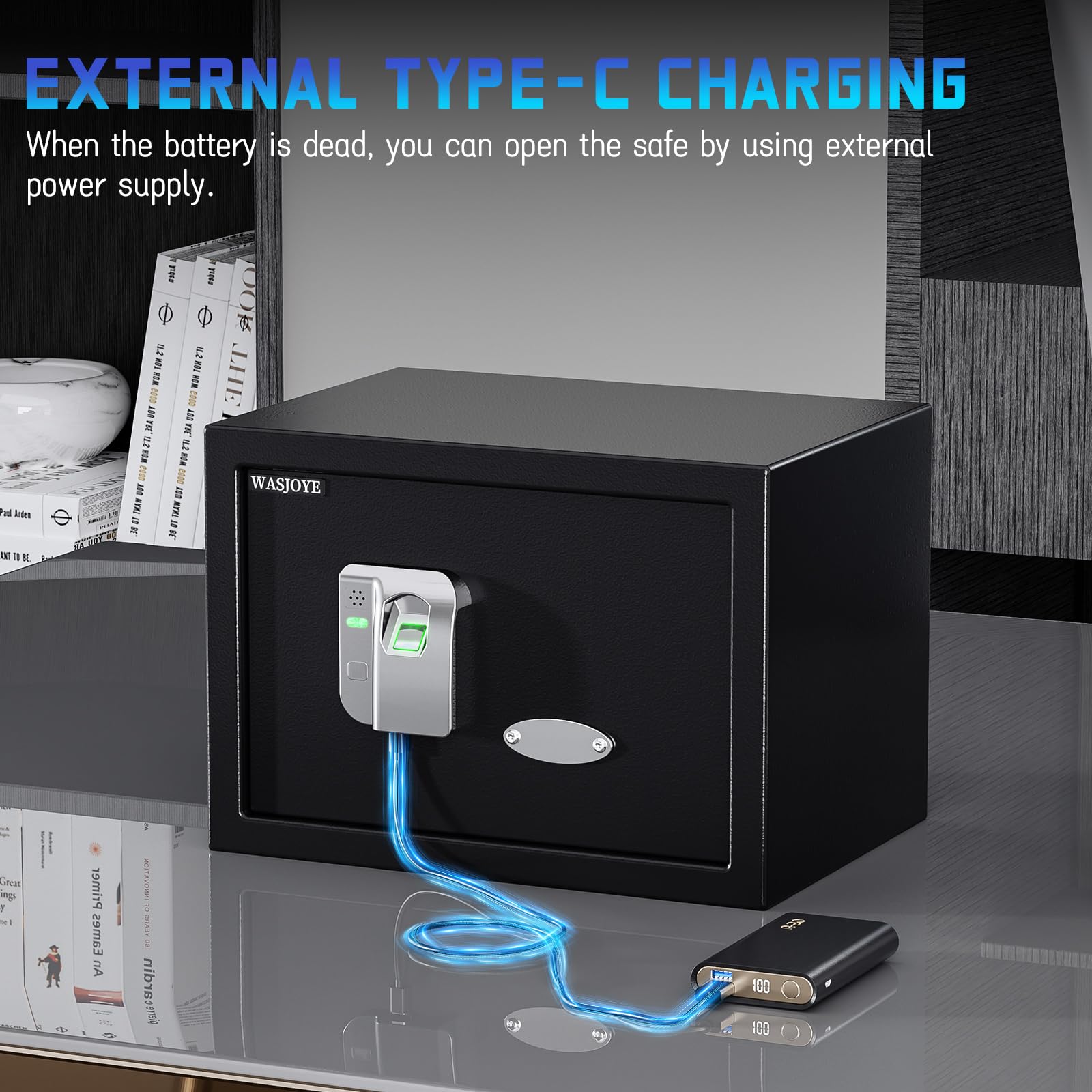 WASJOYE 25L Caja Fuerte para Huellas Dactilares, Biométrico Caja Fuerti Convencionale para el Hogar con Llaves, Electrónica Automática con Identificación de Dedos para la Oficina Hotel