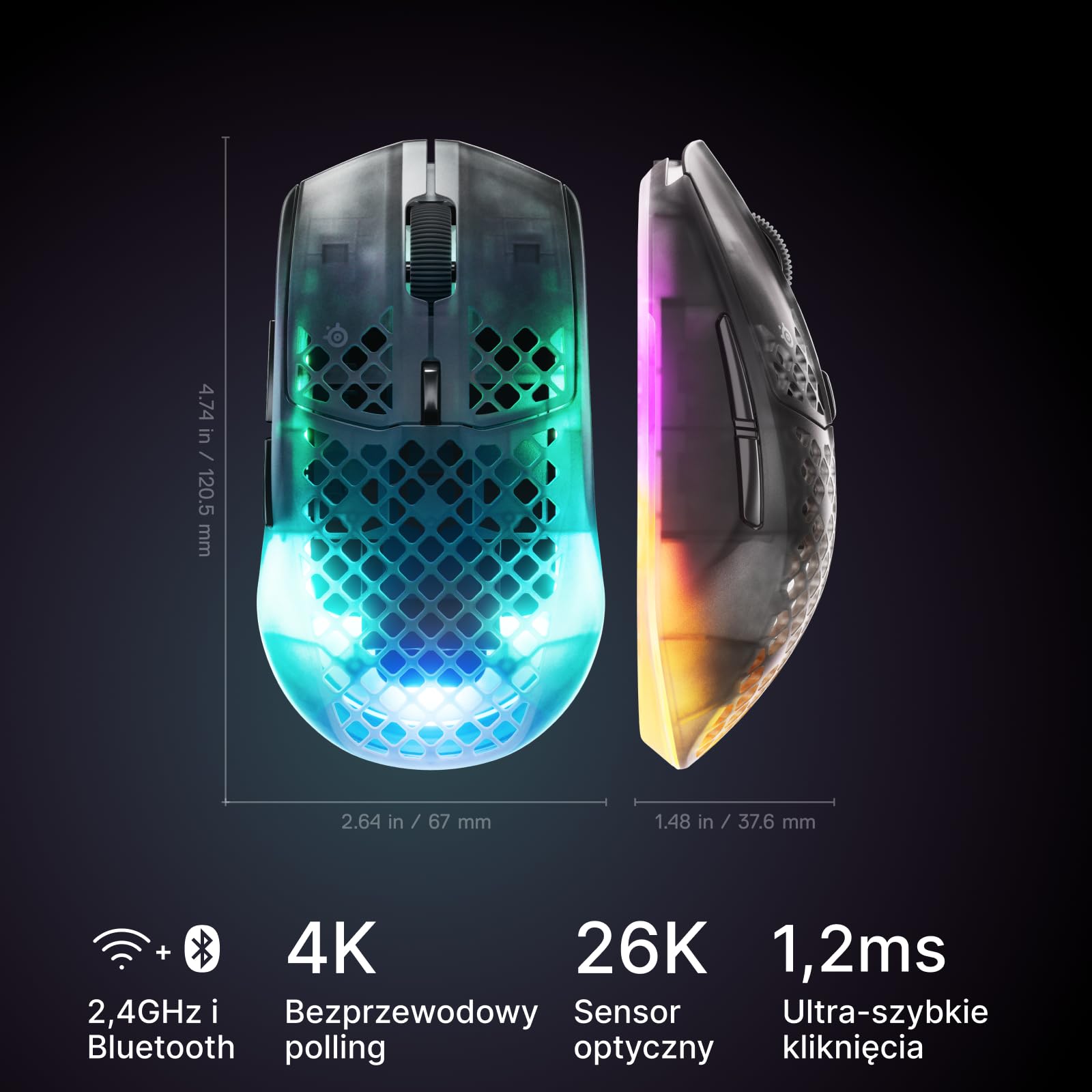 SteelSeries Aerox 3 Wireless Gen 2 – superlekka mysz dla graczy, polling 4K, sensor optyczny 26K DPI, 200 godzin pracy, wodoodporność IP54, 80 mln kliknięć, RGB, ślizgacze 100% PTFE, Shadow