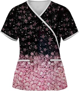 Women's Printed Nurse Uniforms, Breathable Patterned Blouse Short Sleeve V-Neck Shirts Plus Size Scrub Tops with Pockets