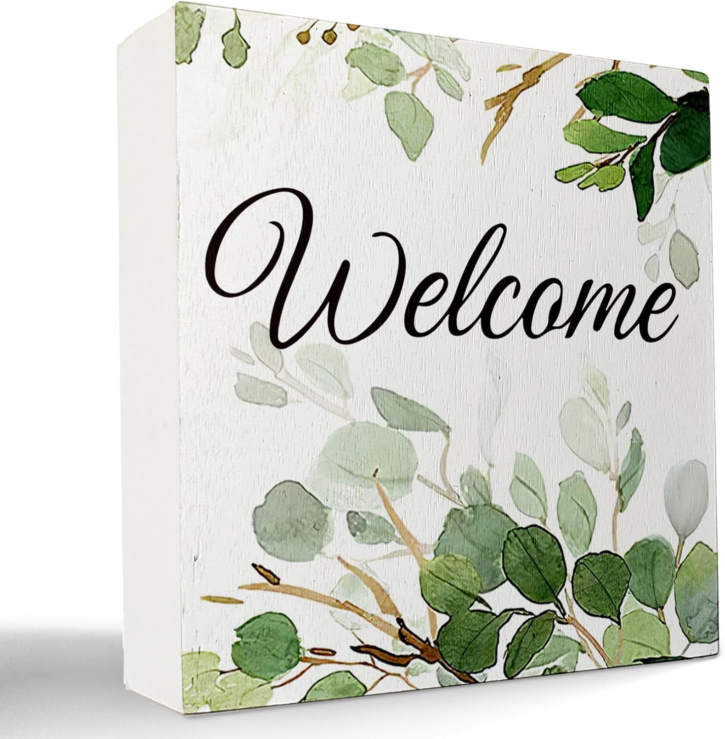 5x5 Inch Welcome Bathroom Signs Decor,Welcome Sage Bathroom Decor,Welcome Wooden Box Sign Desk Decor,Watercolor Eucalyptus Leaves Wood Block Plaque