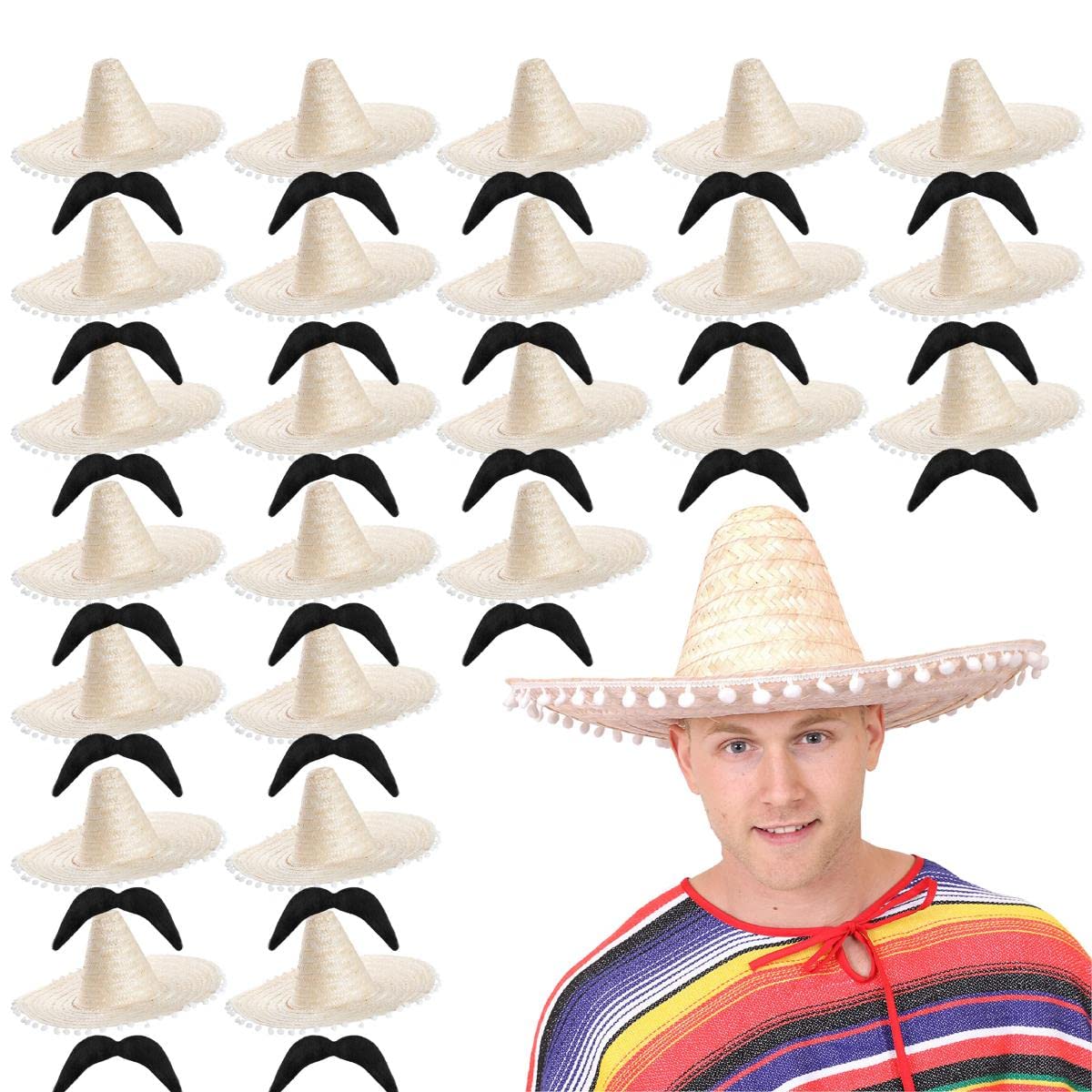 Mexican Sombero with Pom Pom Edges Fancy Dress Accessory With Moustache - Mexican Hat Straw Holiday Stag Night Clubbing Bandito - Natural - Pack of 24