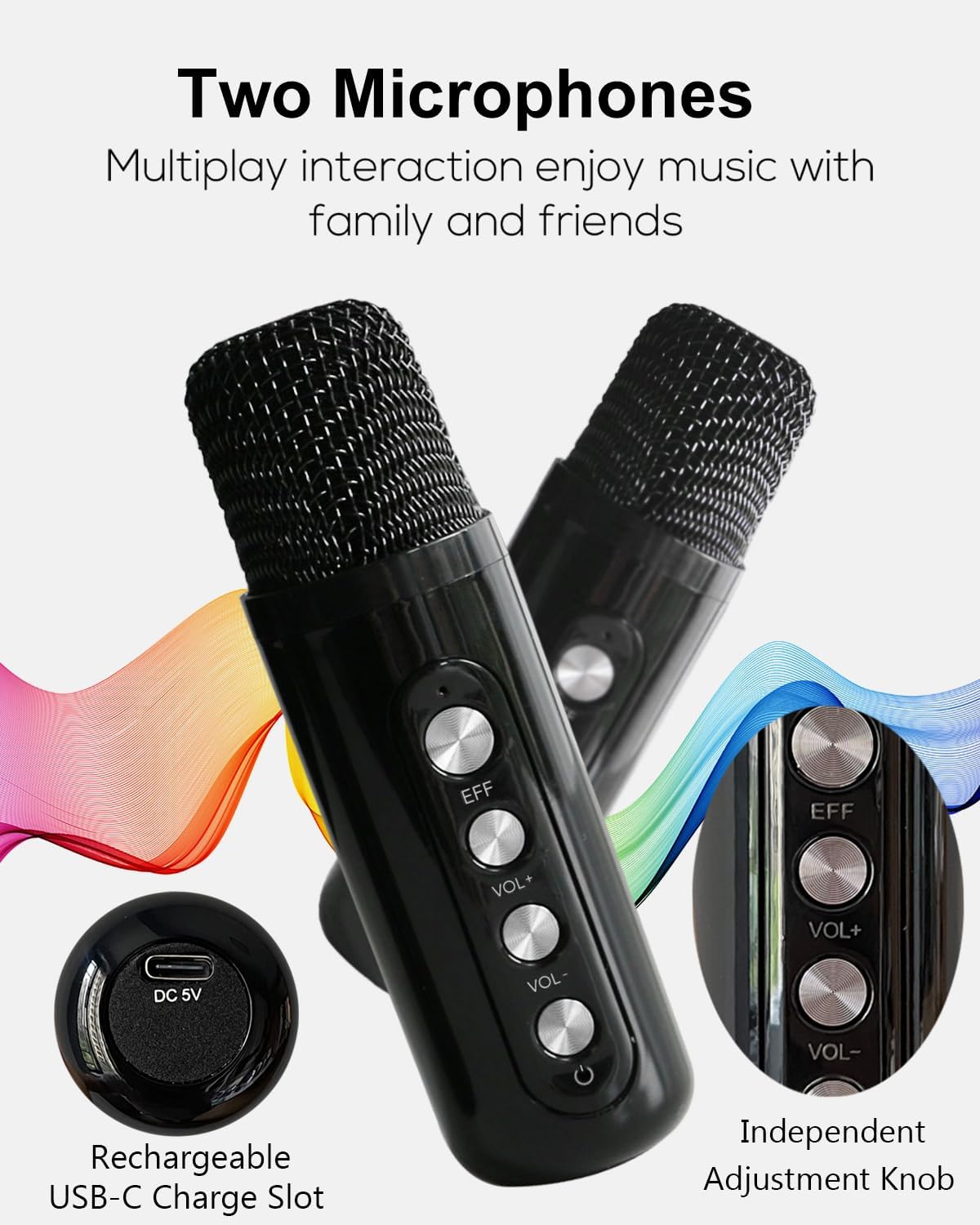 Mini Karaoke Machine, Portable Bluetooth Karaoke Speaker for Kids Adults, Unique Singing Machine with 2 Wireless Microphones Storage Hole, Ideal Gifts for Girls Boys (MMF-307B) - Image 4