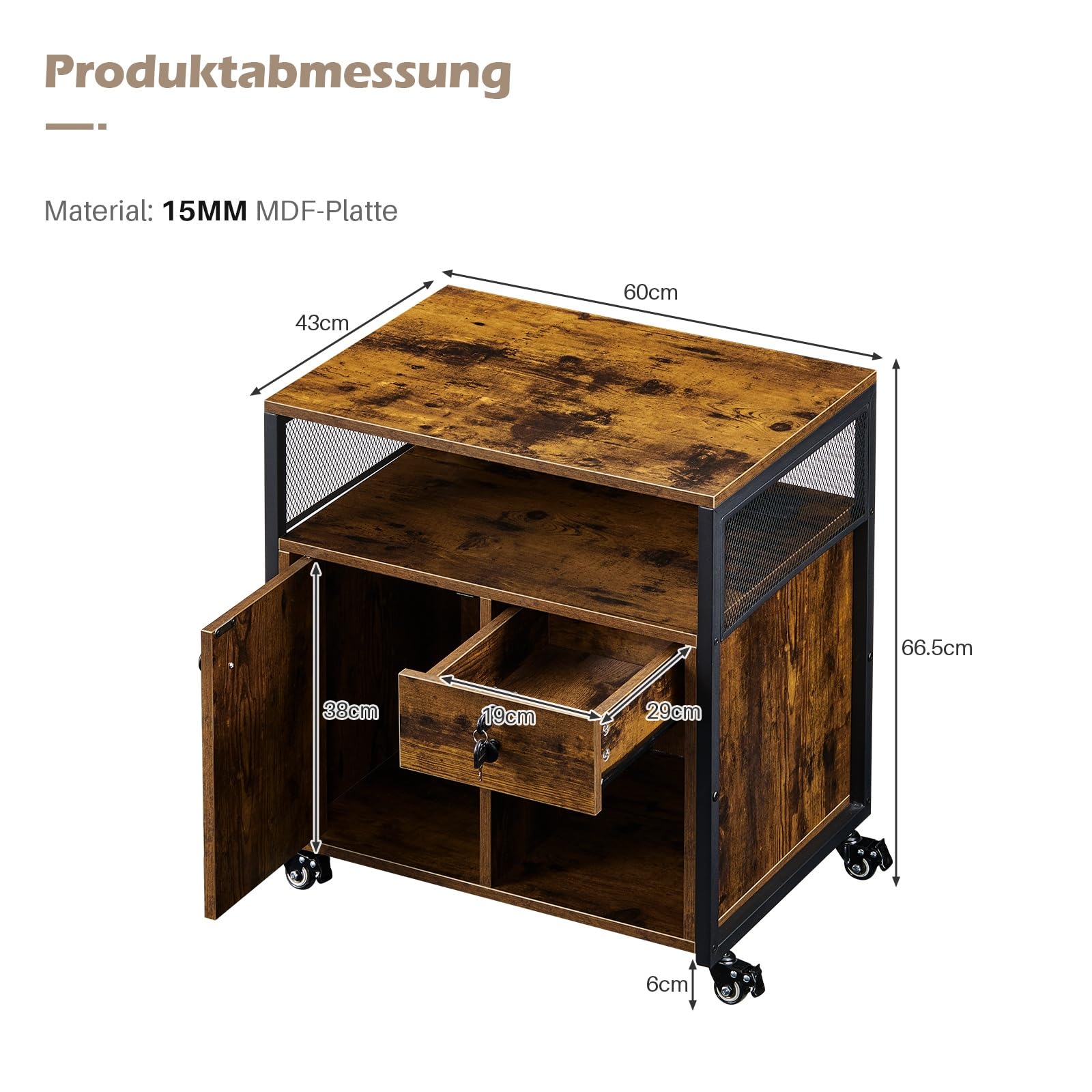 TUKAILAi Caisson de Bureau Rangement avec USB Port, Caisson Imprimante Mobile à Tiroir Verrouillables, Caisson Imprimante Mobile avec roulettes pour Format A4 Style Industriel (Marron Rustique)