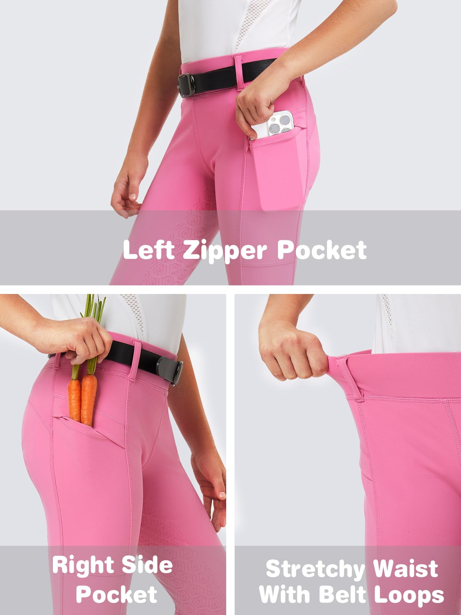FitsT4 Sports Pantalon d'équitation pour enfant fille - Pantalon d'équitation en silicone - Avec 2 poches latérales et passants de ceinture