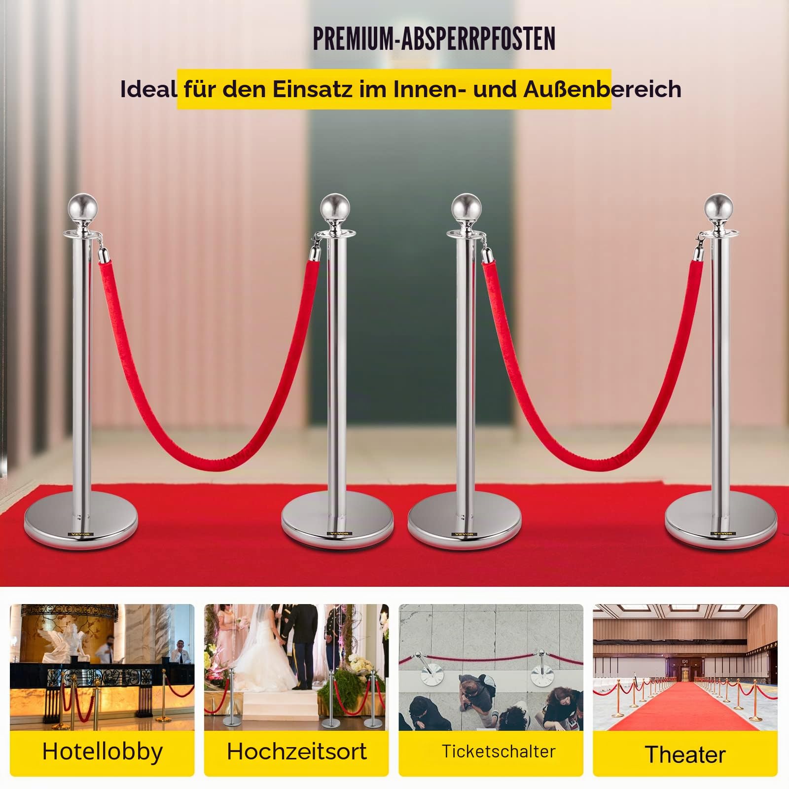 VEVOR Edelstahl Absperrpfosten Seil Abgrenzungsständer Kugelkopf 2 Rote Samtseile Silberne Säule 4 Packung Crowd Control Barriers
