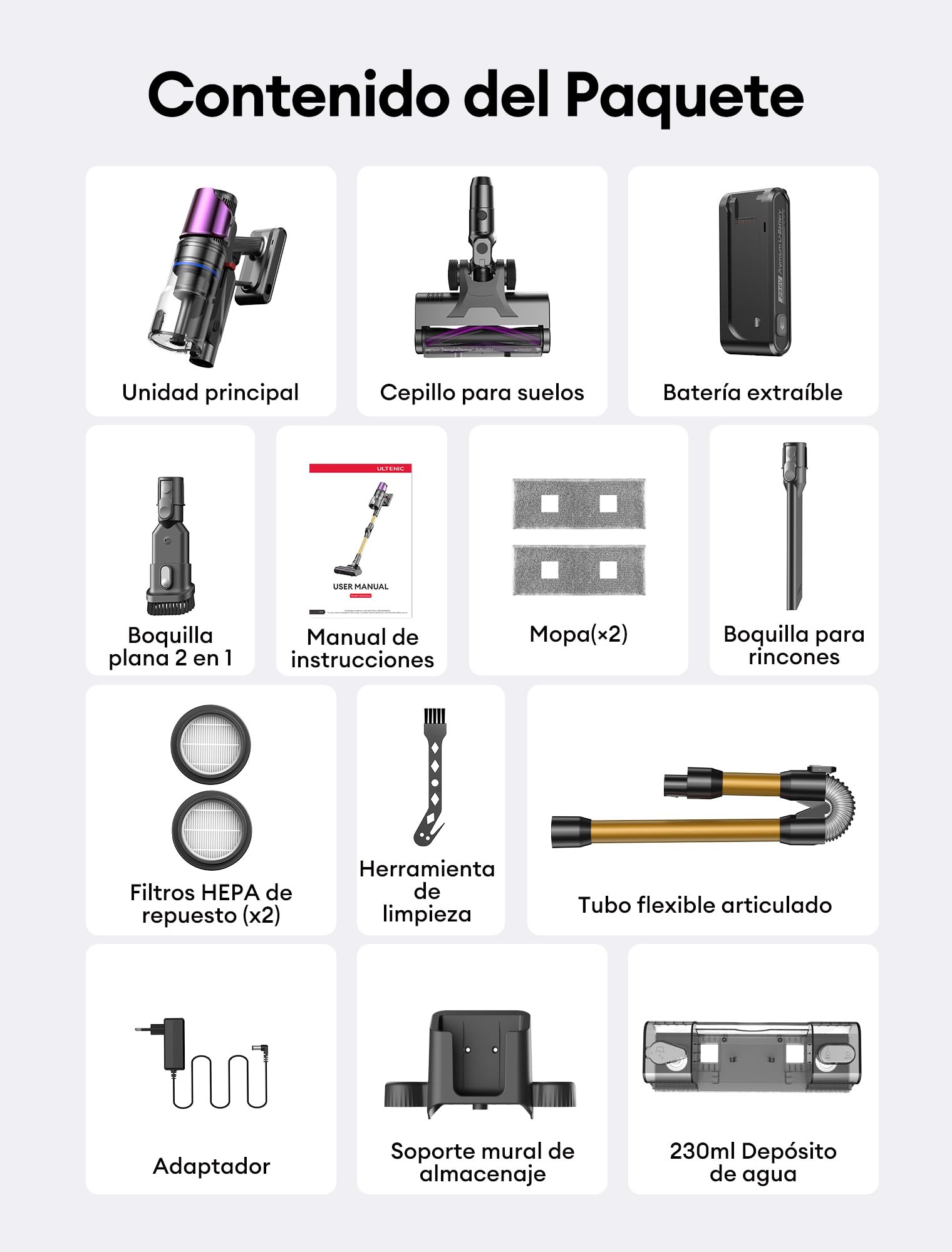 Ultenic U20Mopper Aspiradora sin Cable 60KPa/60Min, con Tanque Extraíble, Tec. Slide-to-Clean sin Ensuciarte, Limpia Bajo Muebles sin Agacharse, Cepillo Antienredos– Ideal para Suelos Duros y Mascotas