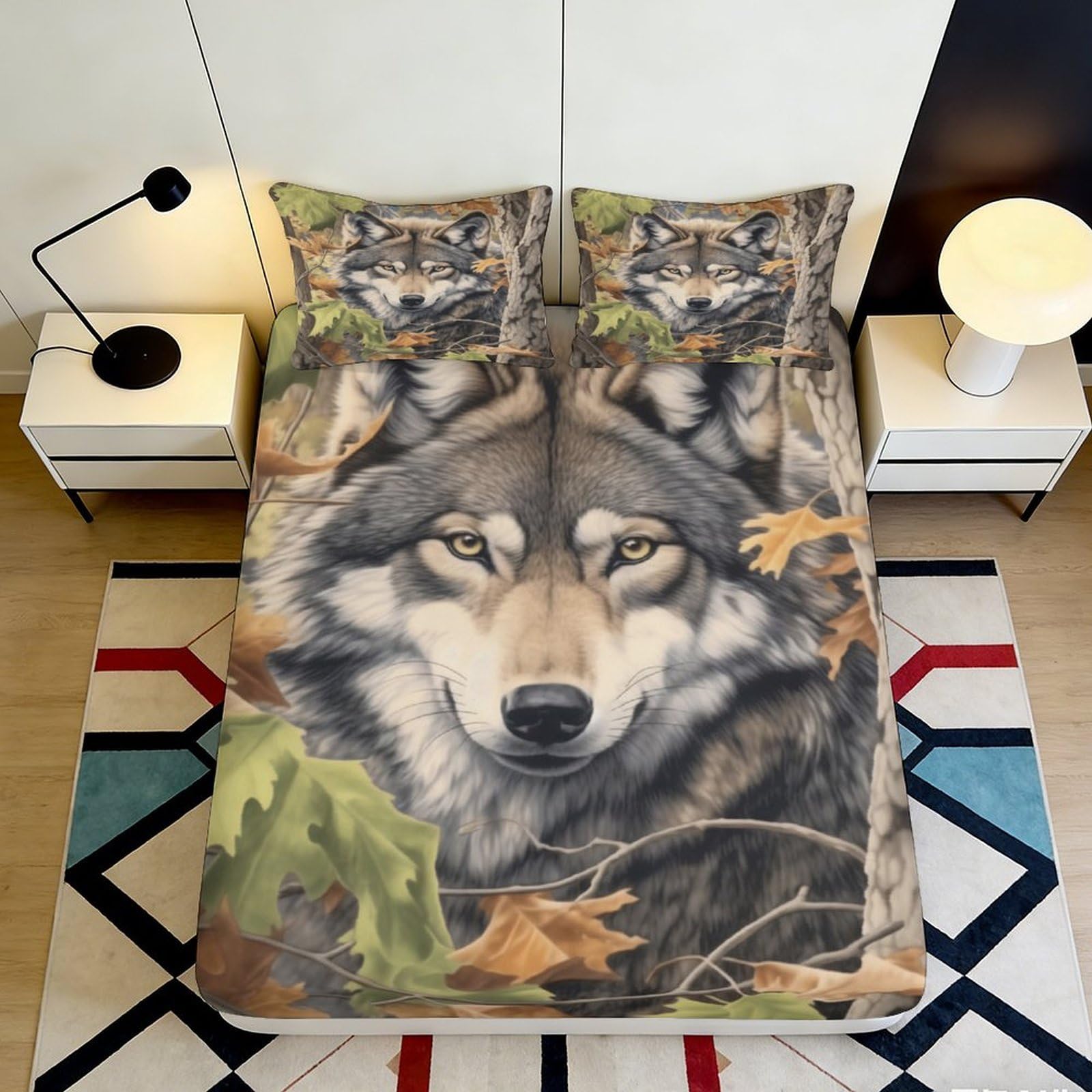 3D Printed Wolf Forest Fitted Sheet Microfiber Soft Anti-Slip Autumn Leaves Bed Cover for Bedroom Dorm Easy Care 90x200x25cm