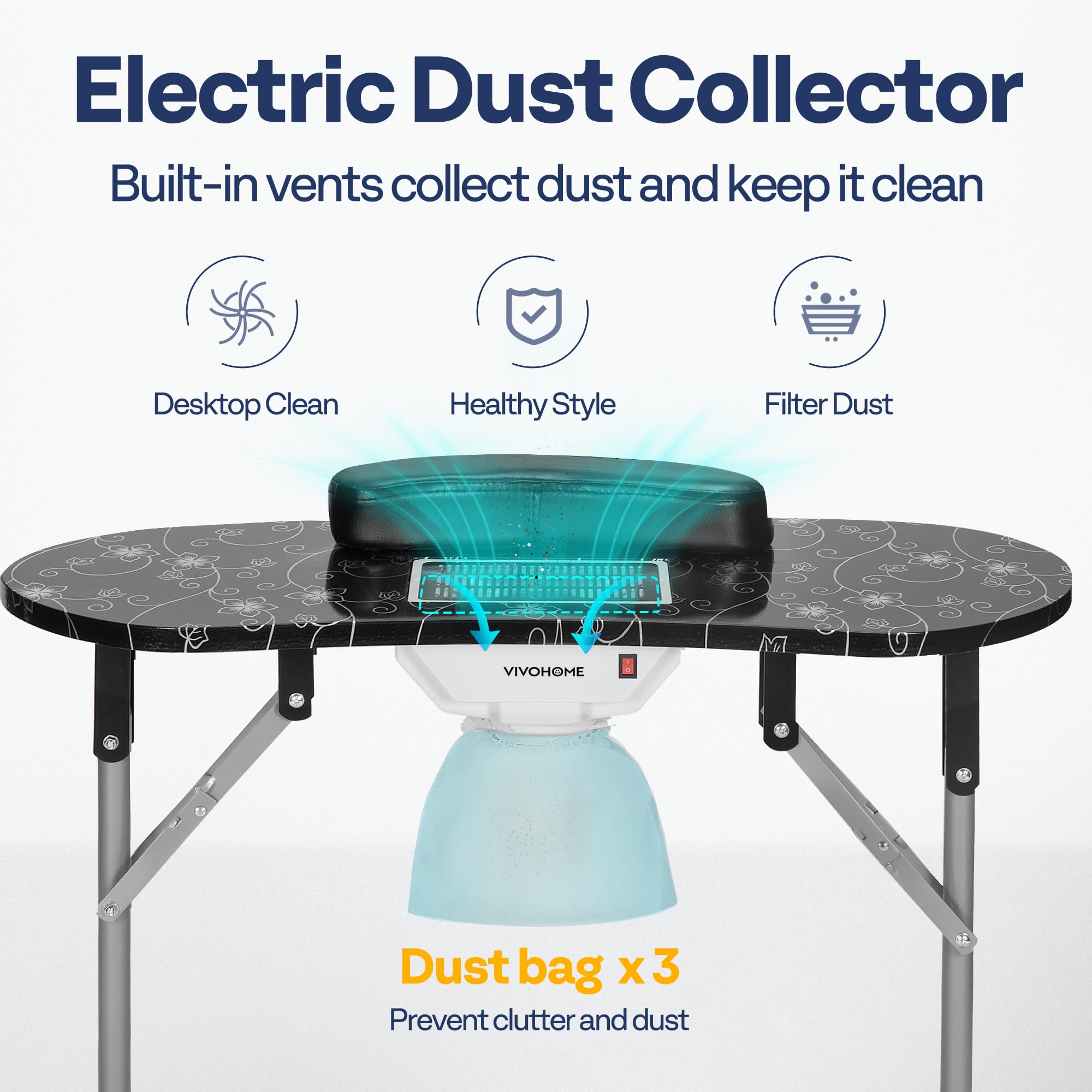 VIVOHOME Portable Manicure Nail Table on Wheels with Built-in Dust Collector, Updated USB-Plug LED Table Lamp, Carry Bag for Home Spa Beauty Salon Workstation, Black