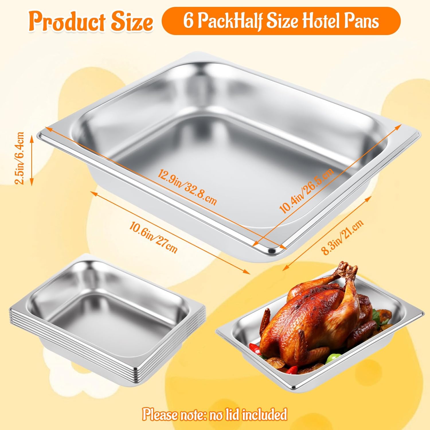 SHUESS 6 Set 1/2 Half Size Stainless Steel Hotel Pans, 2.5 Inch Deep Steam Table Pan, Anti-Jam Chafing Steam Table Pans Commercial, Catering Food Storage Metal Pan (12.8" L x 10.4" W)