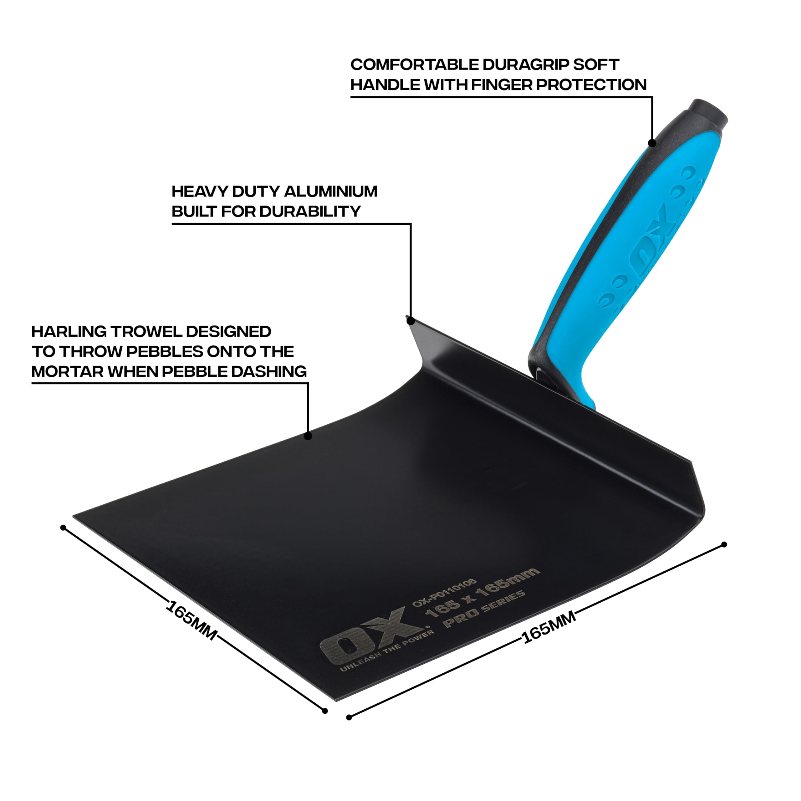 OX Pro Harling Trowel – kielnia do obróbki szorstkiego odlewu żwirowego – Narzędzie Harling Dash z uchwytem Dura – 165 x 165 mm