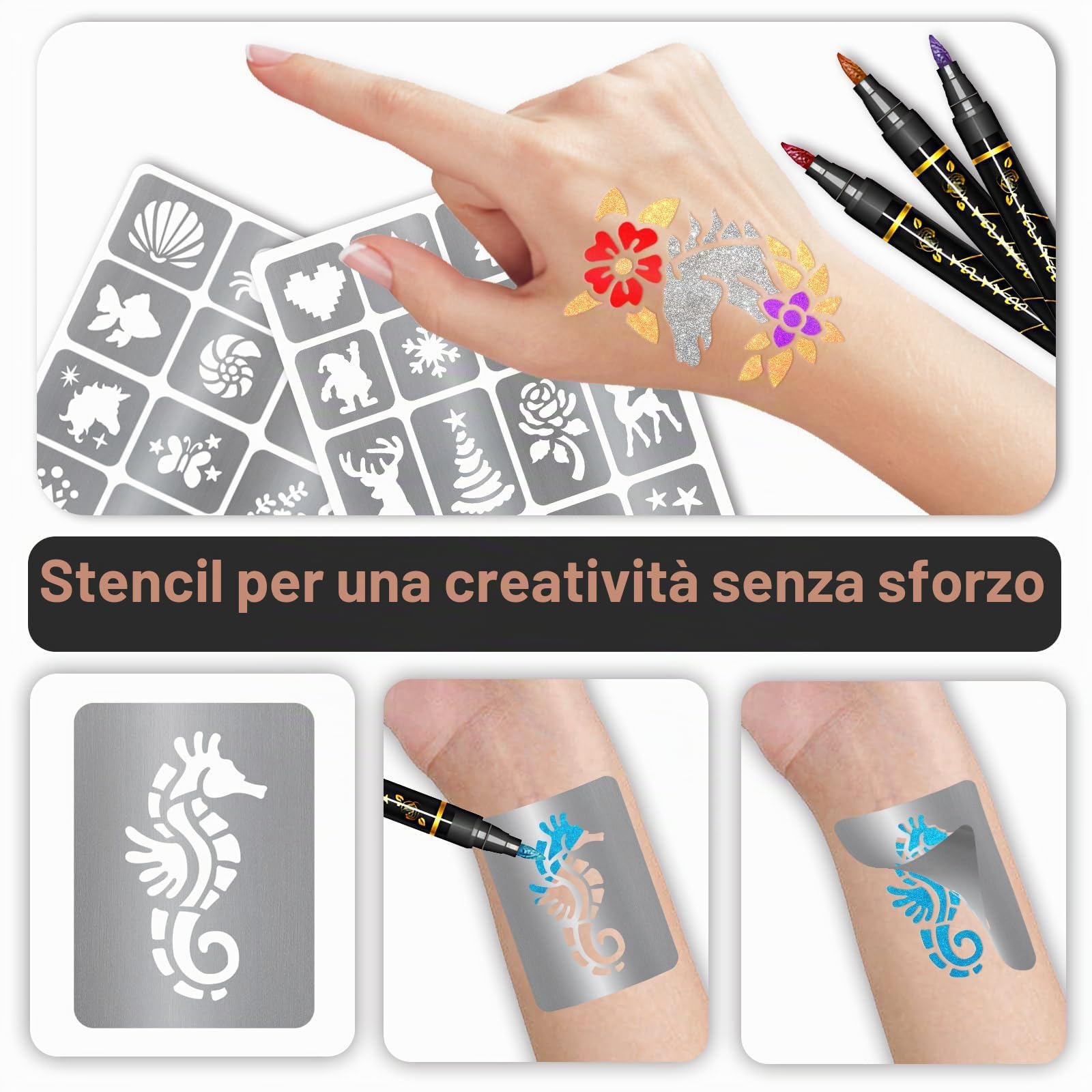 Pennarelli temporanei per tatuaggi per bambini e adulti, 12 pennarelli metallici e 155 stencil per tatuaggi, penne cosmetiche per tatuaggi per bambini e adulti