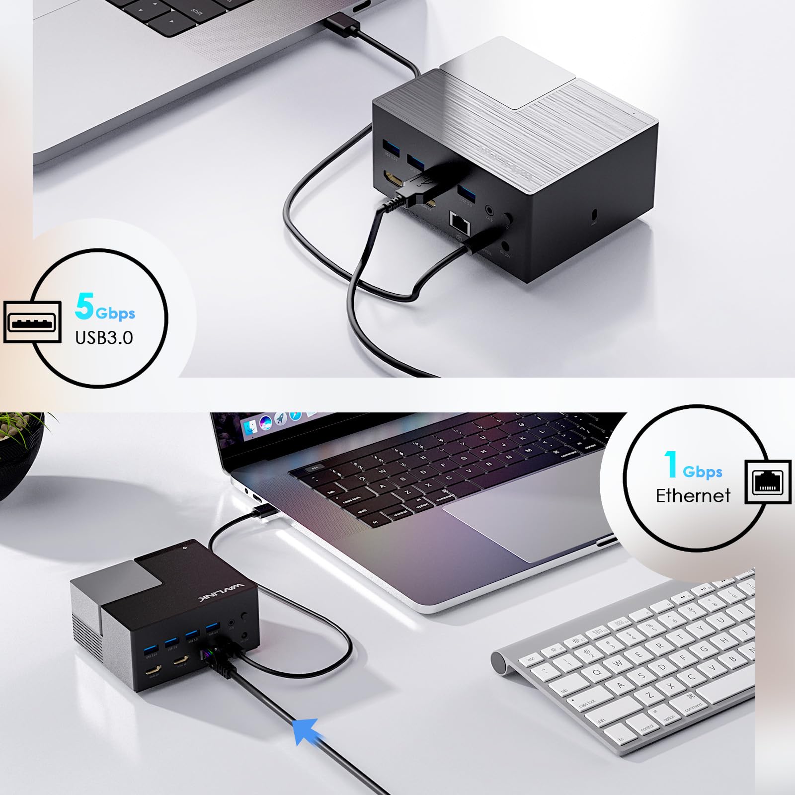 WAVLINK Estación de Acoplamiento USB-C con Dos monitores y 2 Puertos HDMI, estación de Acoplamiento con Doble HDMI, Entrada PD de 130 W, 4 Puertos USB-A, Gigabit Ethernet, Audio, Compatible con Mac